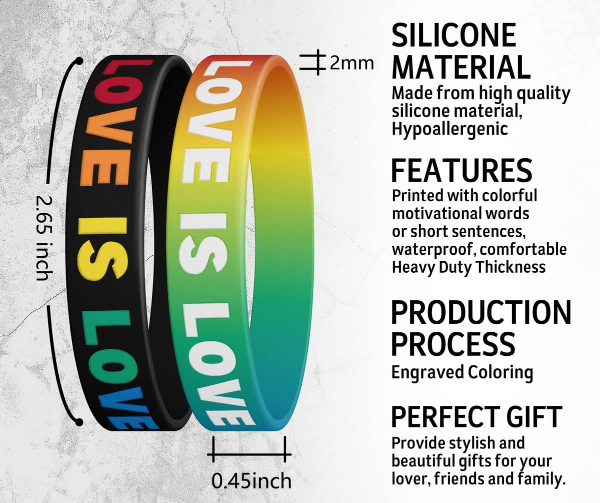 12-Pack Love is Love Silicone Wristband Bracelets - Rainbow Engraved Couple Bracelets with 