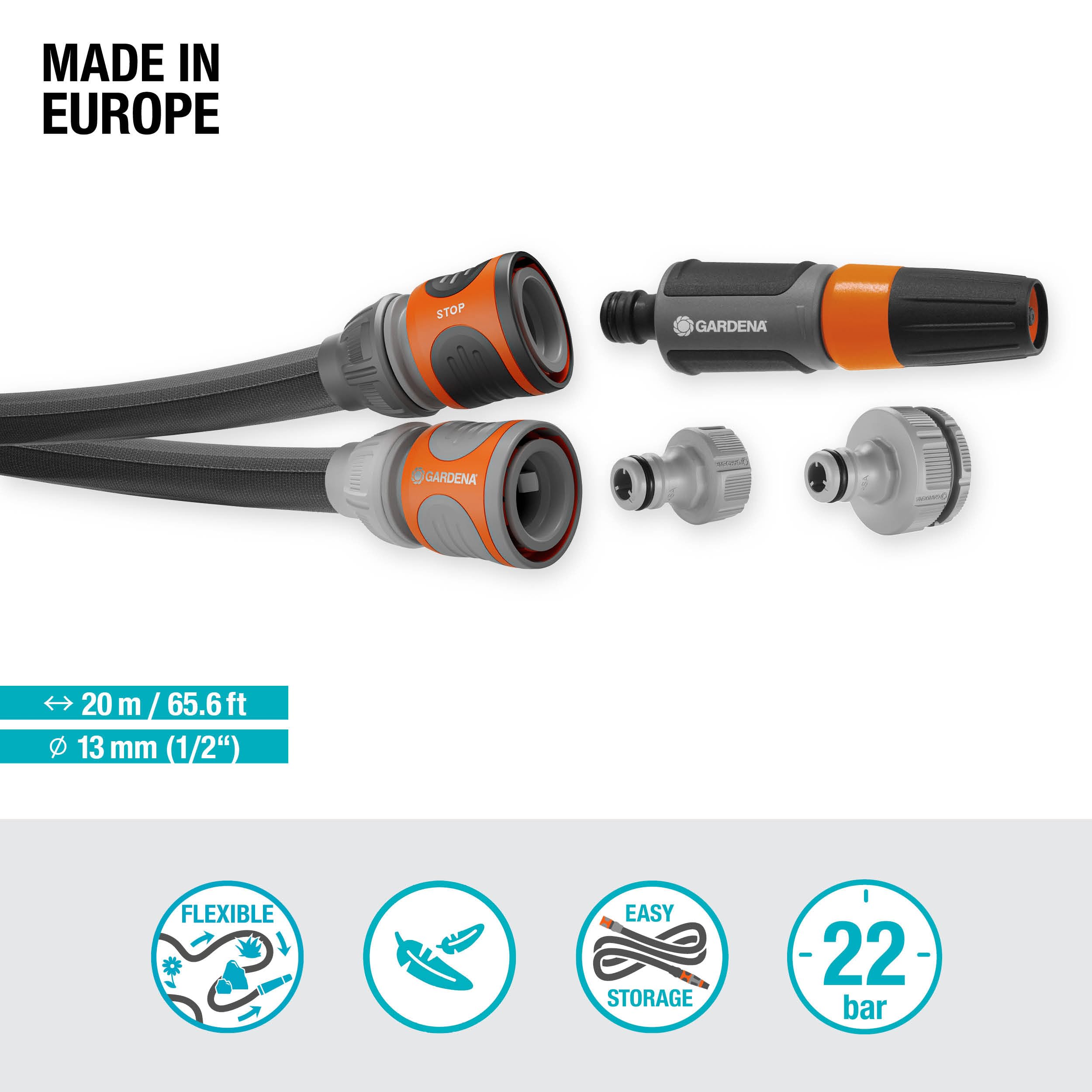 **Gardena Liano Life Textile Hose 1/2 inch, 20m - Flexible, Lightweight, Kink-Free Garden Hose with PVC Inner Tube, Weather-Resistant (18450-20) - Perfect for Watering Plants, Lawn Care & Outdoor Cleaning**