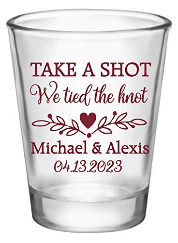 Custom Wedding Shot Glasses Bulk - Personalized 'Take a Shot We Tied The Knot' Favors for Guests - Unique Wedding Party Gifts - Perfect for Bridal Showers, Receptions & Anniversary Celebrations