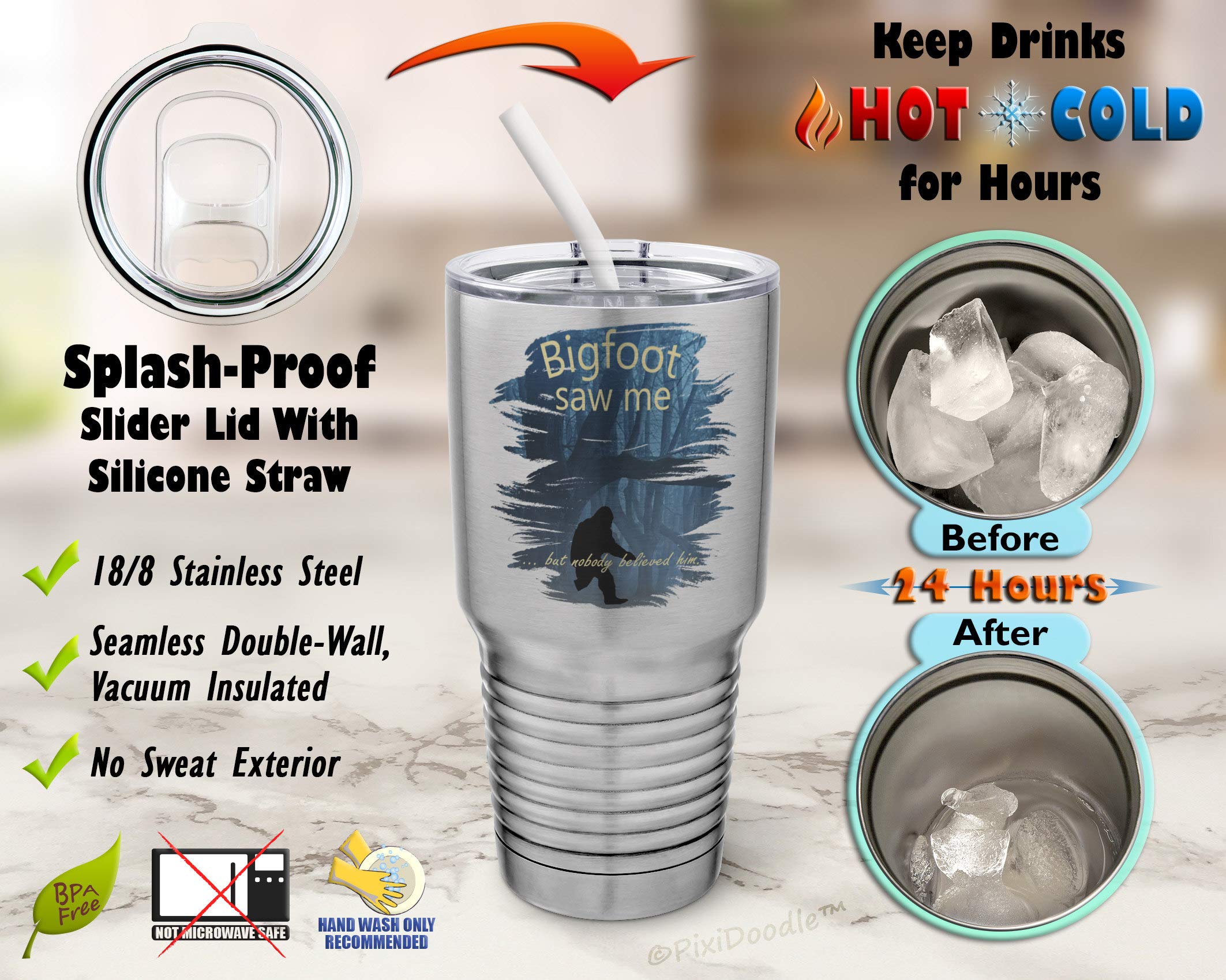 PixiDoodle Sasquatch Bigfoot Believer 30 oz Insulated Tumbler with Spill-Proof Lid & Silicone Straw - Stainless Steel Silver - Perfect for Outdoor Adventures, Camping, Hiking and Travel