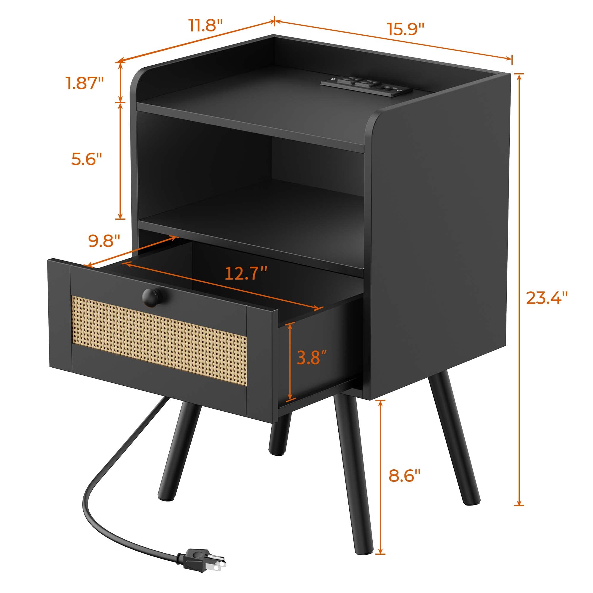 SUPERJARE Nightstand Set of 2 with USB Charging Station & PE Rattan Drawers - Modern Bedside Tables with Storage, Solid Wood Legs - Perfect for Bedroom, Living Room, or Guest Room - Black End Tables for Phone Charging & Home Decor