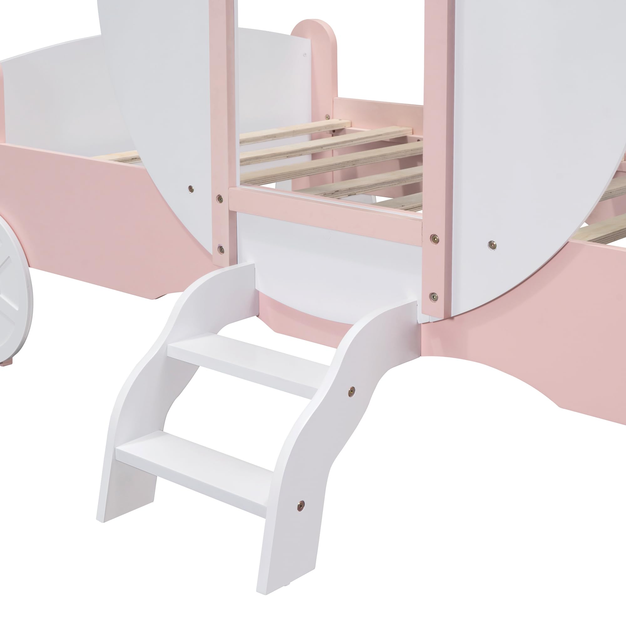 **Princess Carriage Bed for Girls - Twin Size Wooden Platform Bed with Crown & Stairs, White & Pink - Perfect for Kids' Bedroom, Fairy Tale Themed Room & Sleepover Fun**