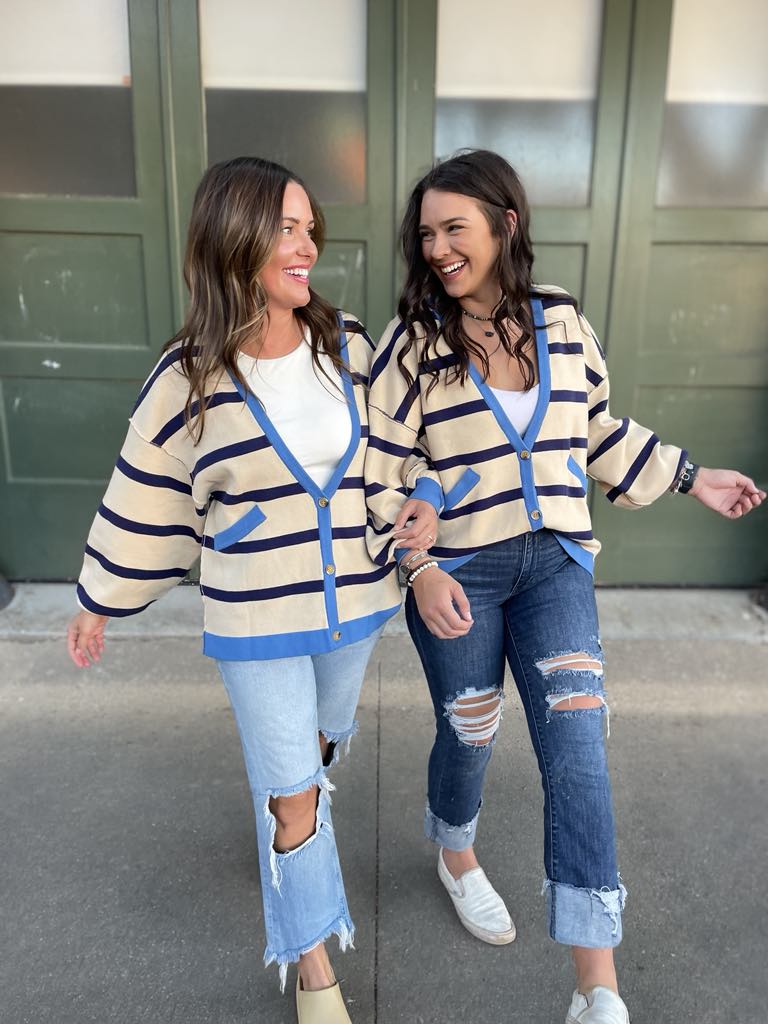 PREORDER: Navy Stripe Contrast Trim Cardigan | Women's Knit Sweater | Perfect for Office Wear & Casual Outfits