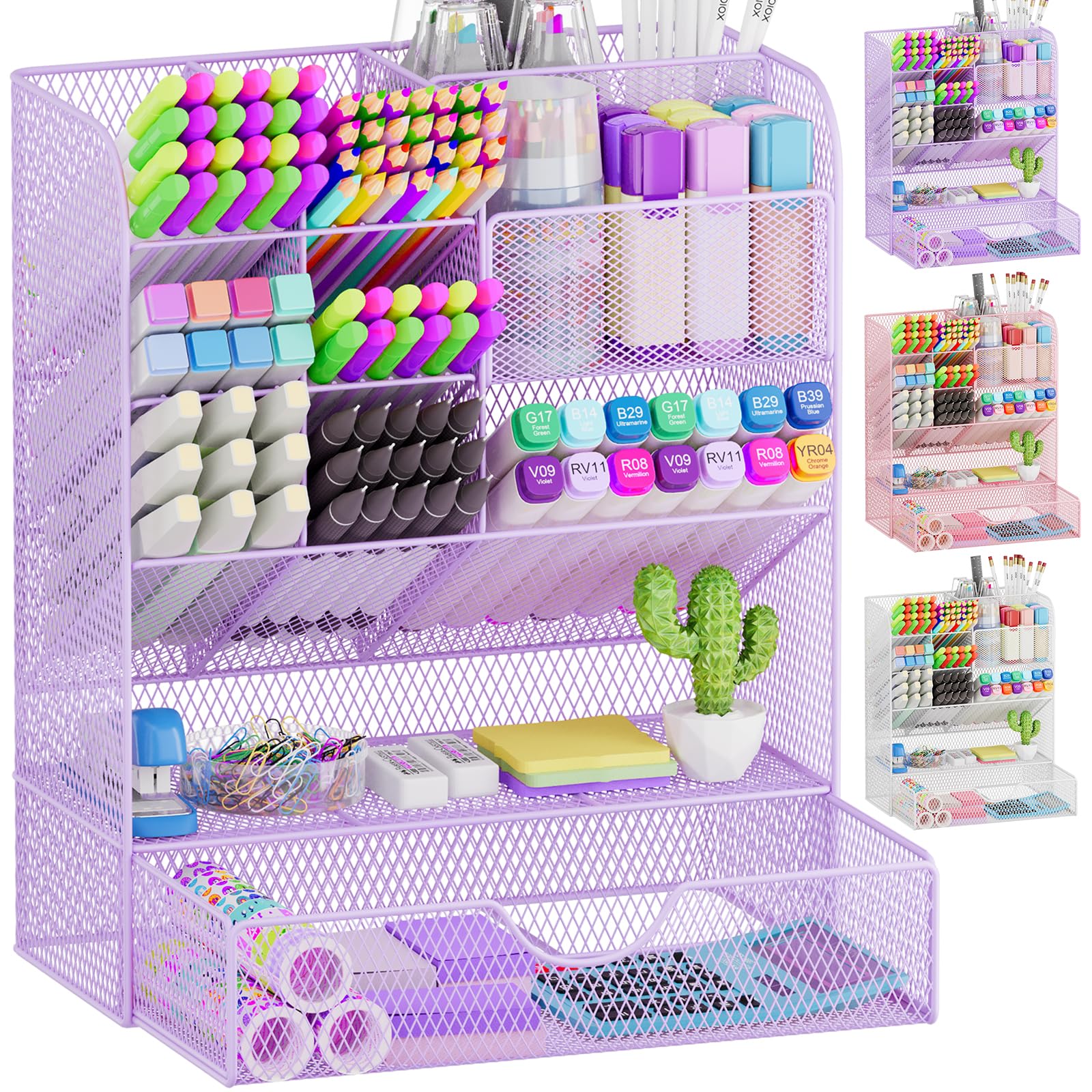 Purple Desk Organizer with Drawer - Pencil & Pen Holder for Office, School & Home | Workspace Desktop Organizer for Art Supplies & Stationery | Perfect for Study, Work & Crafting