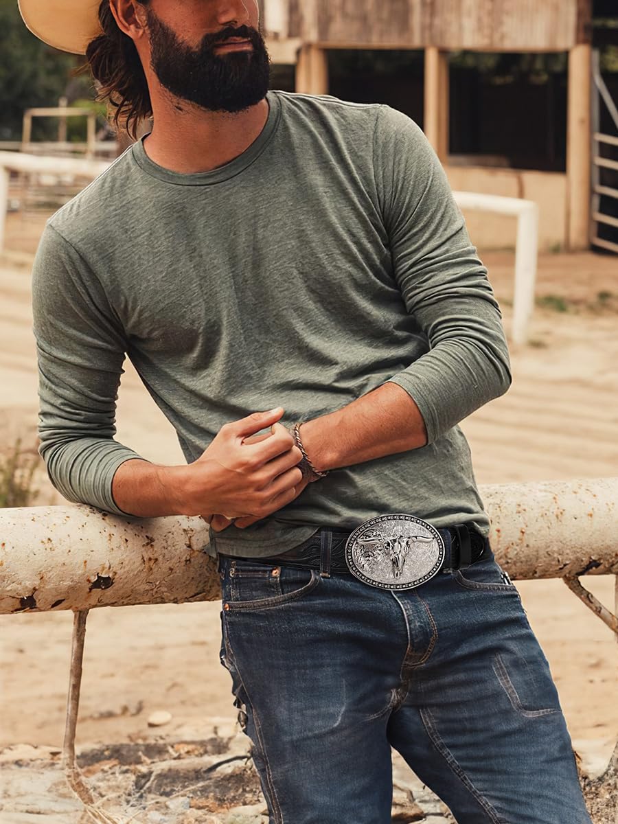SANSTHS Western Cowboy Leather Belt for Men & Women - Bull Buckle Embossed Design - Durable Leather Belt for Jeans & Western Wear | Perfect for Rodeo, Country Music Festivals & Casual Outfits