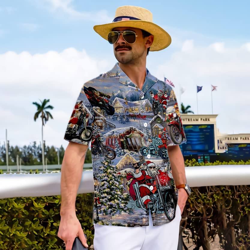 HYPERFAVOR Men's Motorcycle Christmas Shirts - Short Sleeve Holiday Hawaiian Shirts for Bikers - Cool Festive Riding Apparel | Perfect for Christmas Parties, Motorcycle Rides & Holiday Gatherings