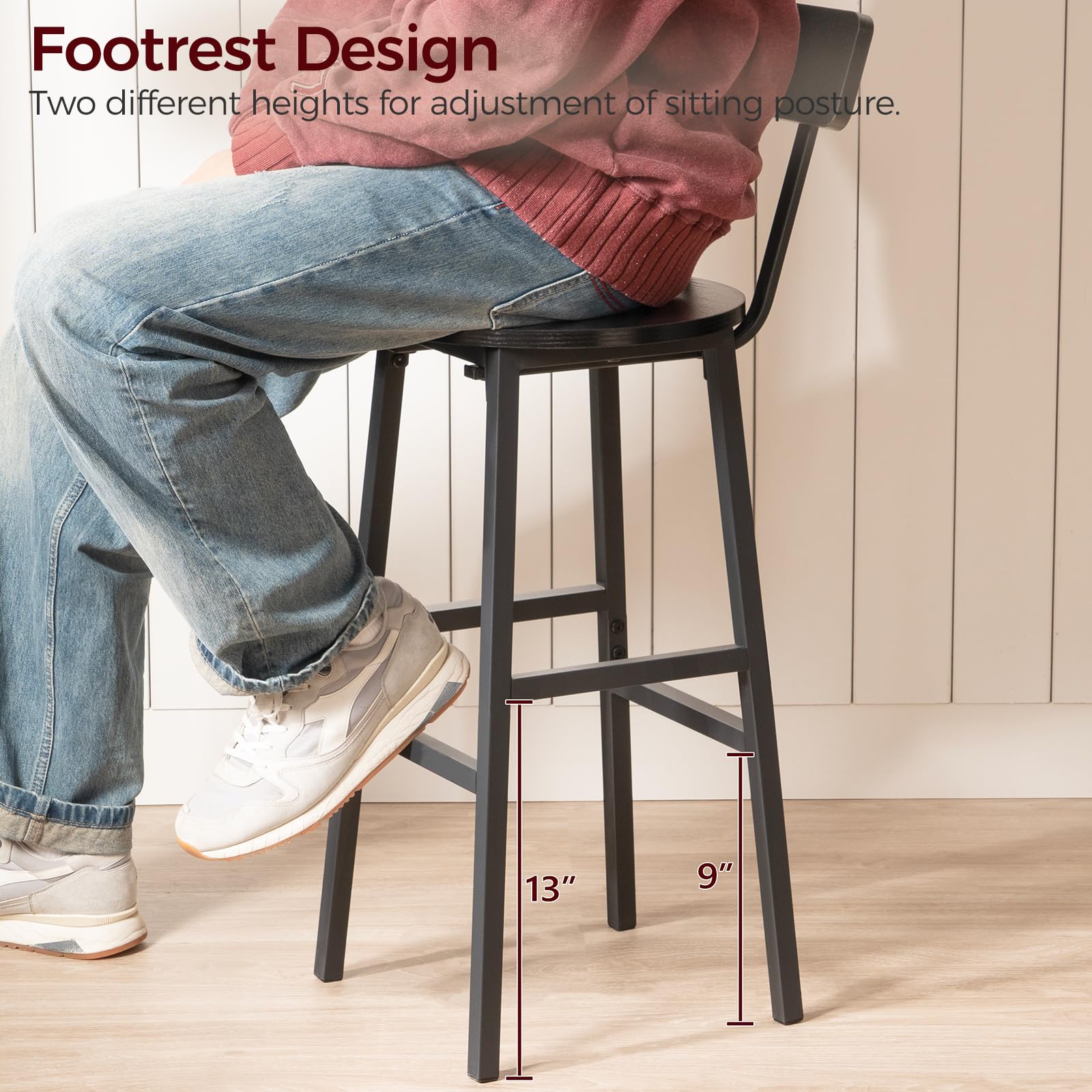 2-Pack Black Bar Stools with Back & Footrest - 24.4 Inch Round Counter Height Stools for Kitchen, Dining Room & Home Bar - Perfect for Breakfast Nooks, Pub Tables & Entertainment Areas
