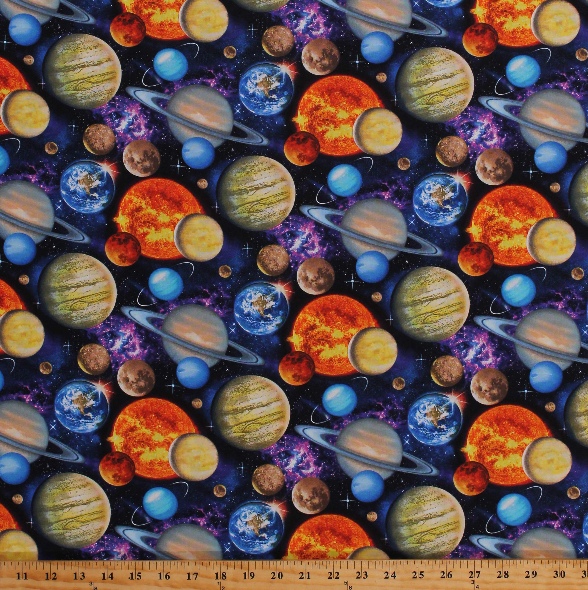 Premium Cotton Fabric by The Yard - Outer Space Print with Planets, Earth, Saturn, Jupiter & Galaxy Astronomy Design (D486.47) | Perfect for DIY Space-Themed Quilts, Curtains & Home Decor Projects
