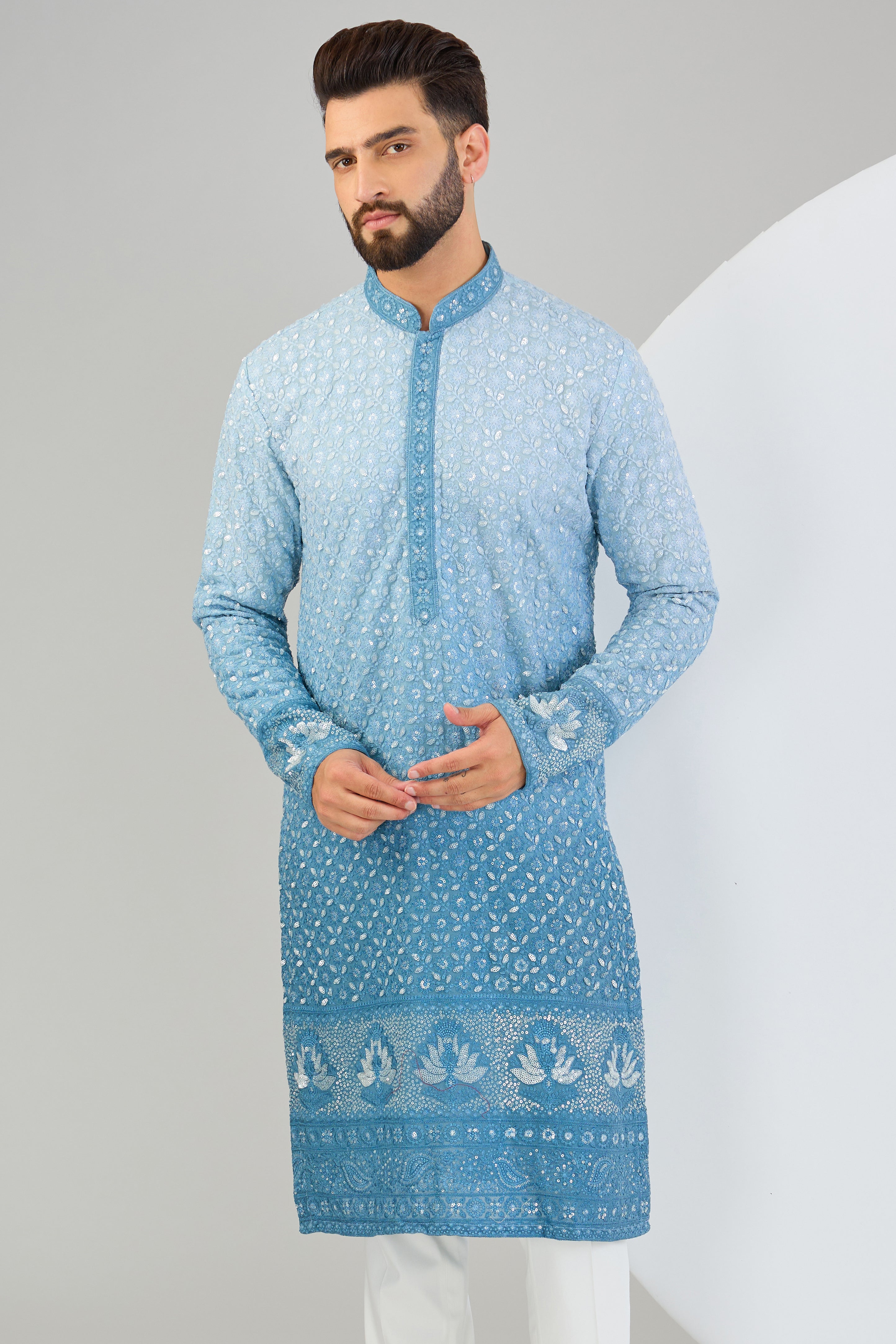 Elegant Powder Blue Ombre Chikankari Kurta with Intricate Neckline - Perfect for Festivals, Weddings & Ethnic Fashion