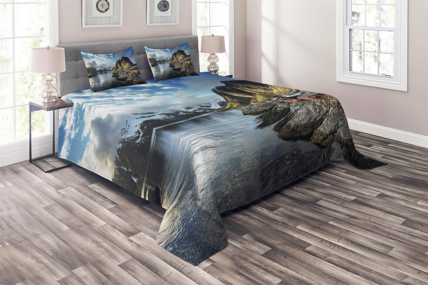 Ambesonne King Size 3-Piece Quilted Bedspread Set - Nordic Fishing Hut Autumn Scenery with Rocks & Clouds, Blue Grey White, Includes 2 Pillow Shams | Cozy Bedroom Decor for Winter, Cabin Retreat & Scandinavian Style Homes