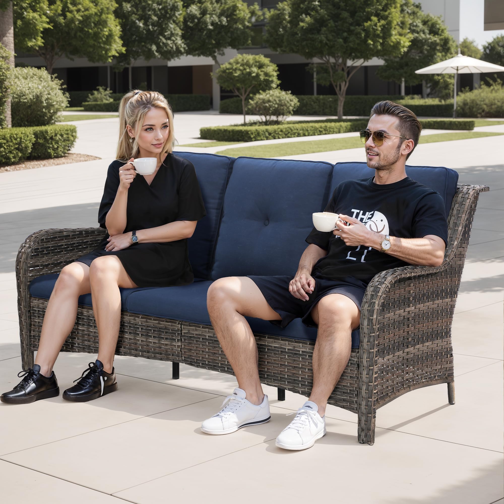 Outdoor Wicker Patio Sofa 3-Seat Sectional with Deep Seating & Comfortable Cushions - Navy Blue All-Weather Furniture for Porch, Deck, Balcony, Backyard & Garden Relaxation