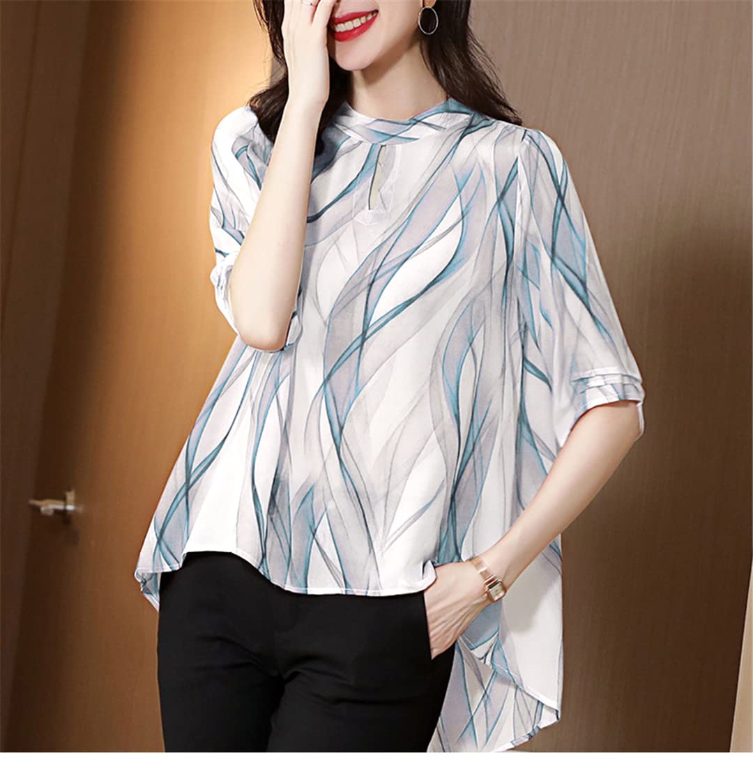 100% Natural Silk Women's Blouse - Stand Collar Half Sleeve Asymmetrical Print Shirt for Summer | Loose Fit Fashion Top | Perfect for Office Wear, Casual Outings & Special Occasions