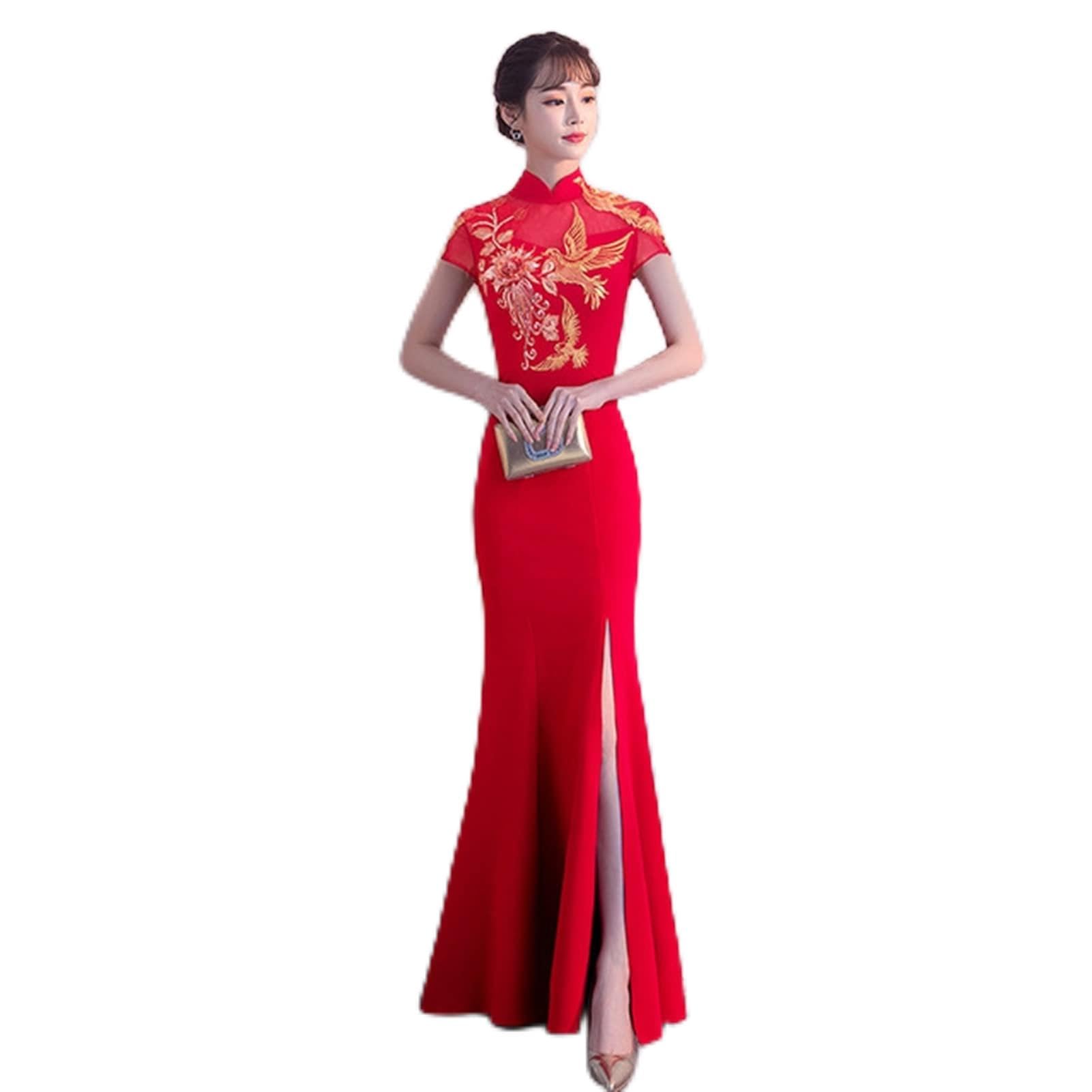 Elegant Red Traditional Chinese Qipao Wedding Dress - Embroidered Cheongsam Gown for Brides, Evening Party & Special Occasions (Red, XXL) | Perfect for Weddings, Cultural Events & Formal Gatherings