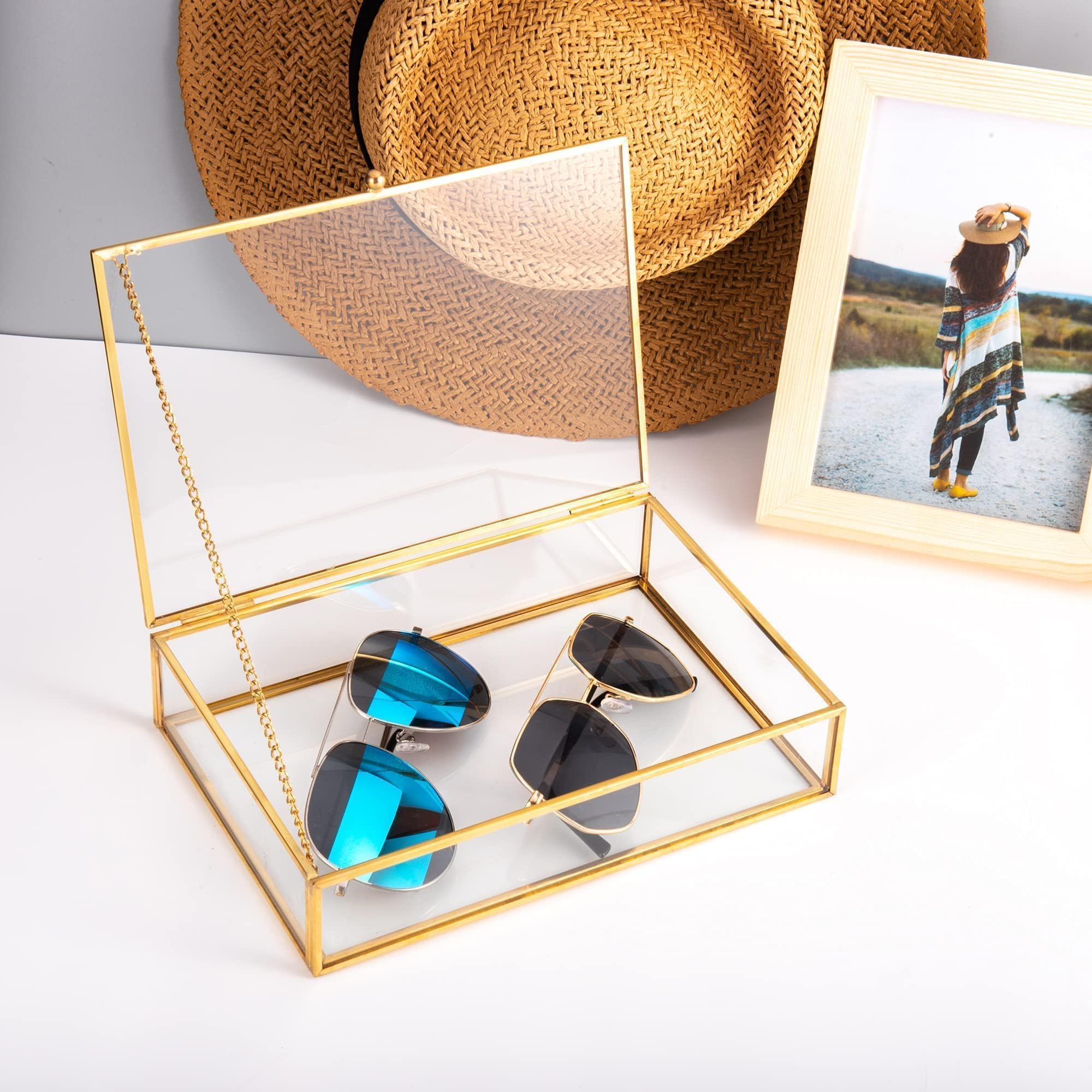 Feyarl Gold Glass Jewelry Box - 5x7 Photo Card Organizer with Lid - Decorative Keepsake Storage Case for Rings, Necklaces & Small Treasures - Perfect for Home Decor, Gift Wrapping & Vanity Display (8.66 x 5.9 x 1.96 Inches)
