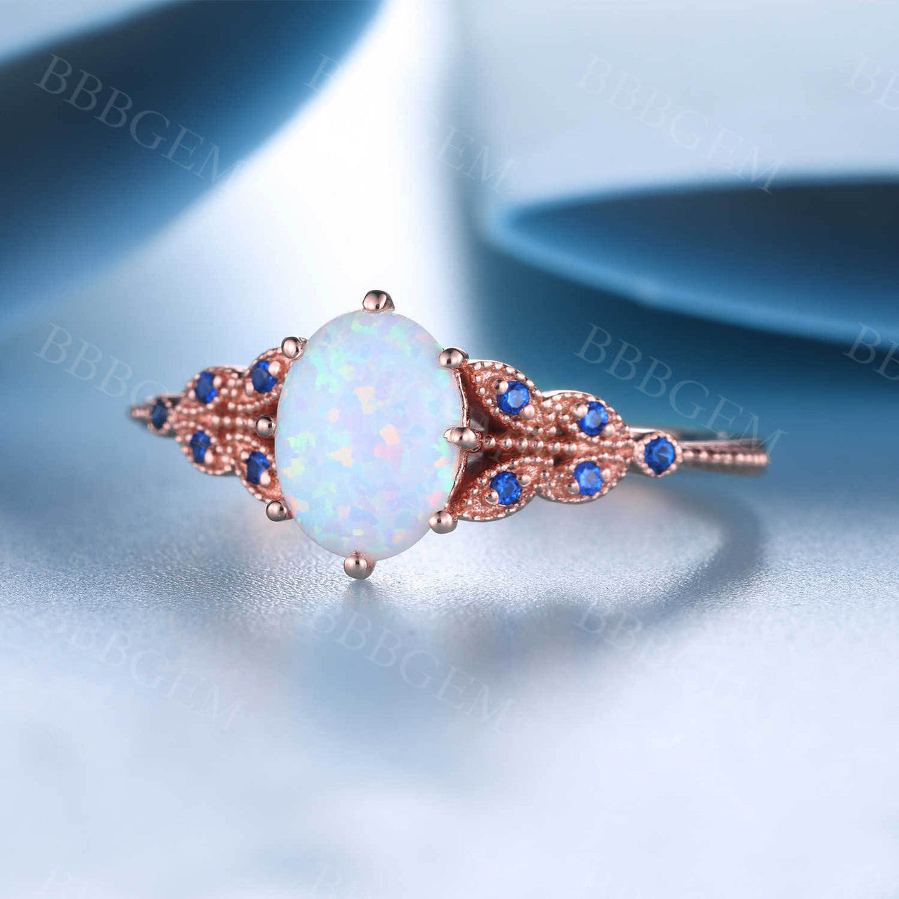 14K Solid Rose Gold Oval White Opal Engagement Ring with Sapphire Accents - Perfect Promise Ring for Weddings, Anniversaries & Romantic Gifts