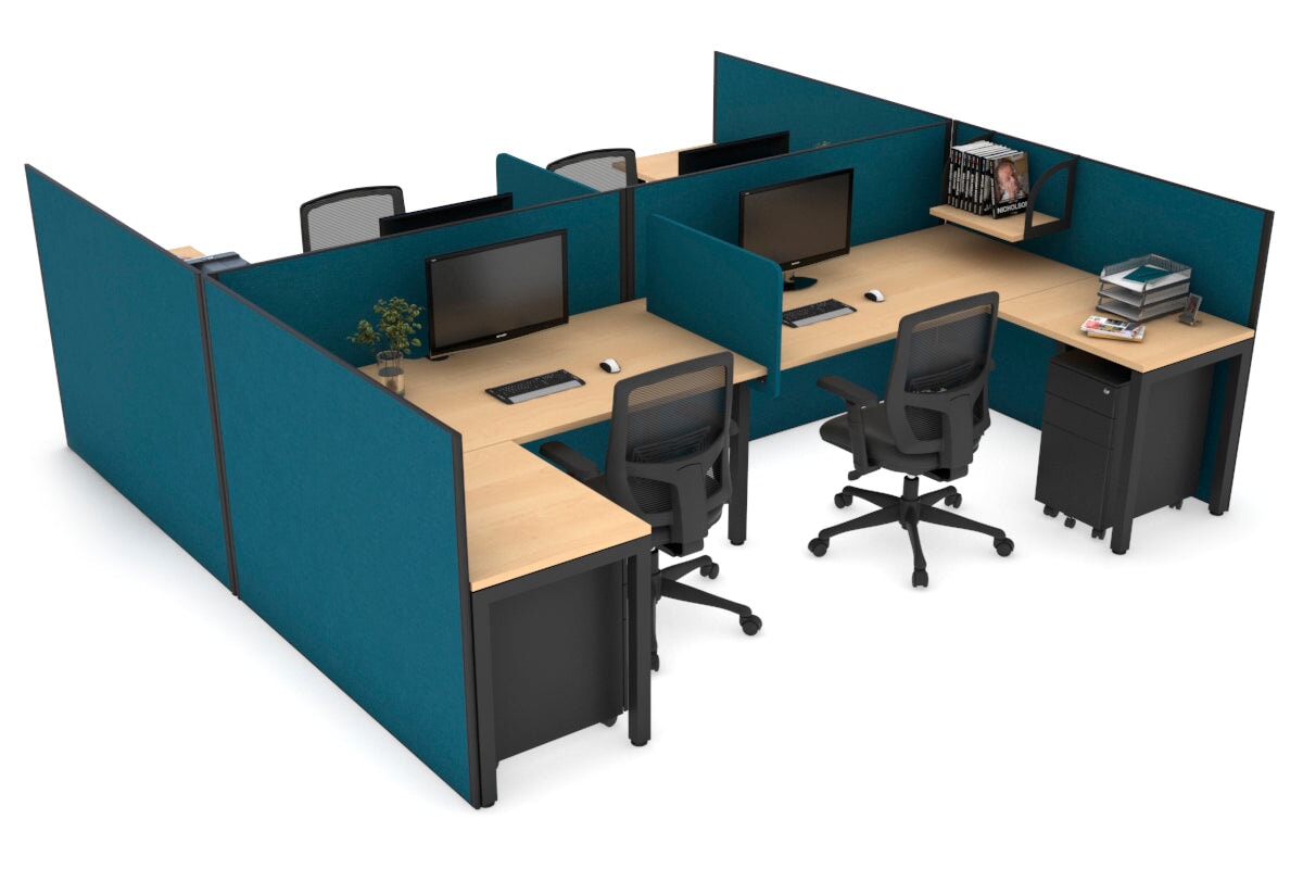 Quadro Square Legs 4-Person Corner Workstation - H Configuration Black Frame [1800L x 1800W with Cable Management] - Perfect for Office, Call Center & Collaborative Workspaces