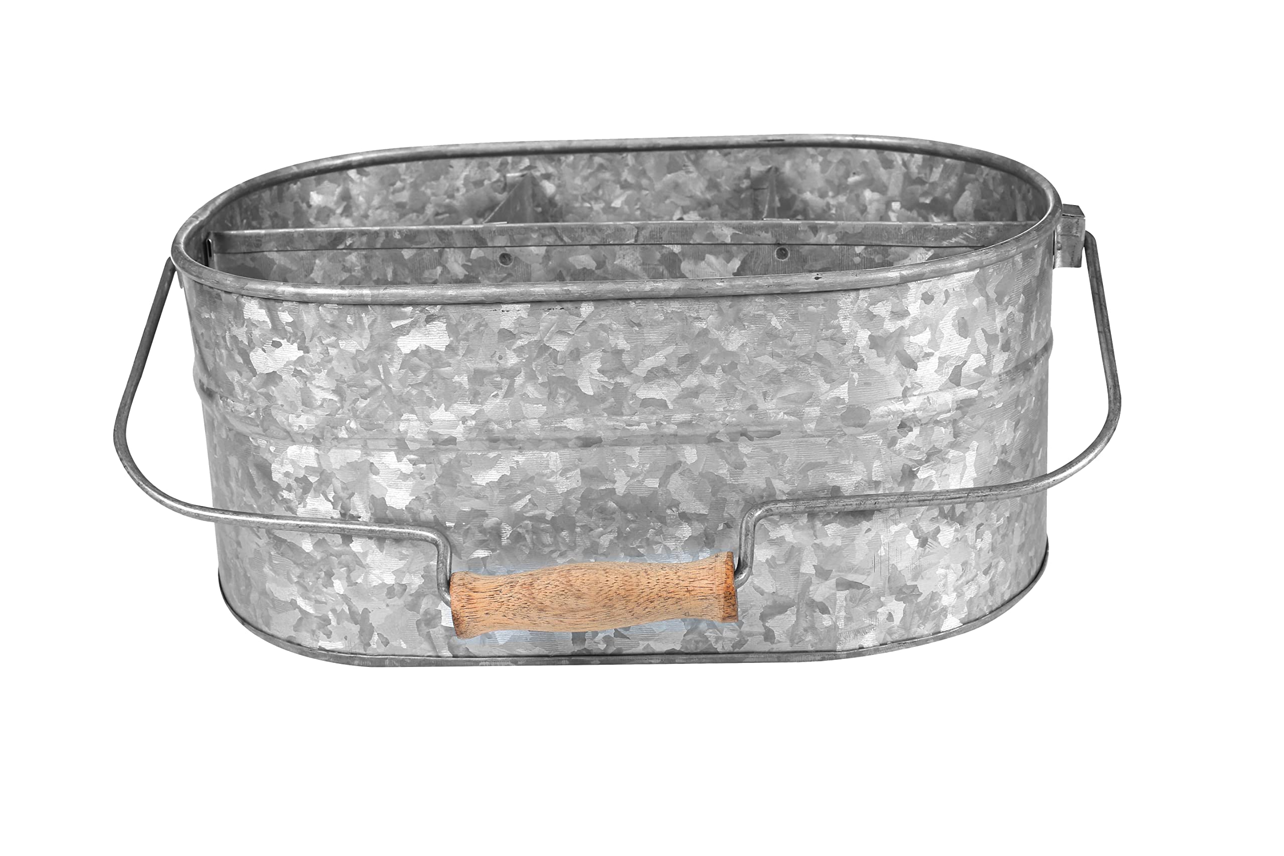 Rustic Farmhouse Metal Storage Caddy with Wooden Handle - 4 Compartment Galvanized Organizer for Kitchen Utensils, Picnic Supplies & Garden Tools - Hammered Antique Grey Finish - Perfect for Home, Office & Outdoor Use