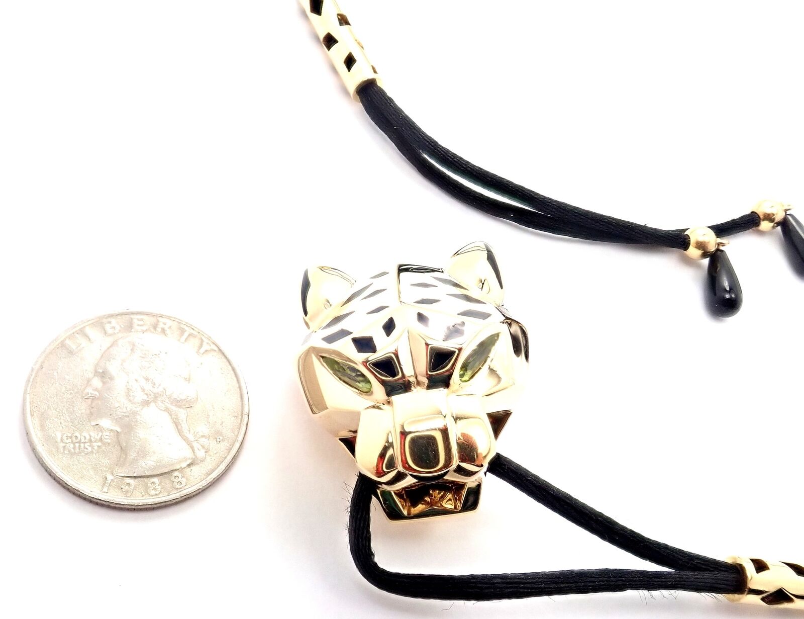 Authentic Cartier Panther Panthere 18k Yellow Gold Peridot Lacquer Cord Necklace for Women - Luxury Jewelry Gift for Birthday, Anniversary & Special Occasions