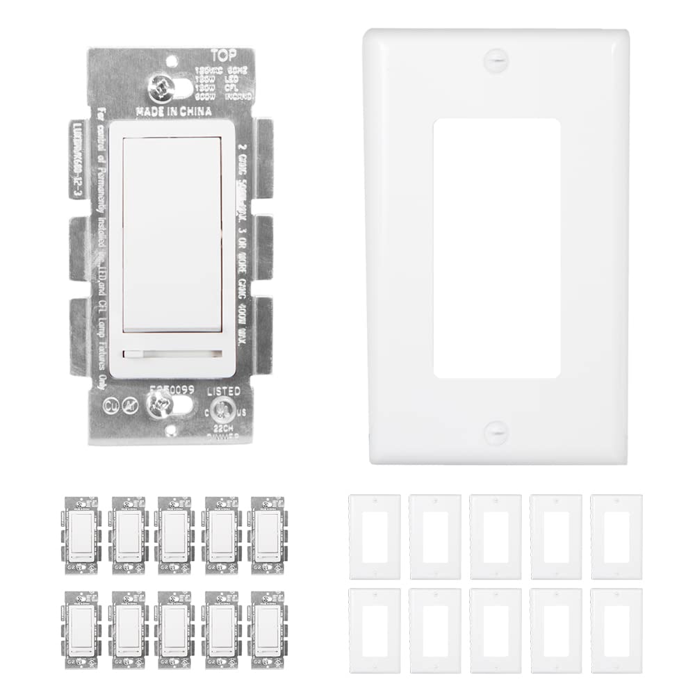 Maxxima 10-Pack LED Slide Dimmer Rocker Switch & 1 Gang Decorative Outlet Wall Plates - Compatible with Incandescent, Halogen & Dimmable Bulbs - UL Certified for Home, Office & Commercial Lighting Installation