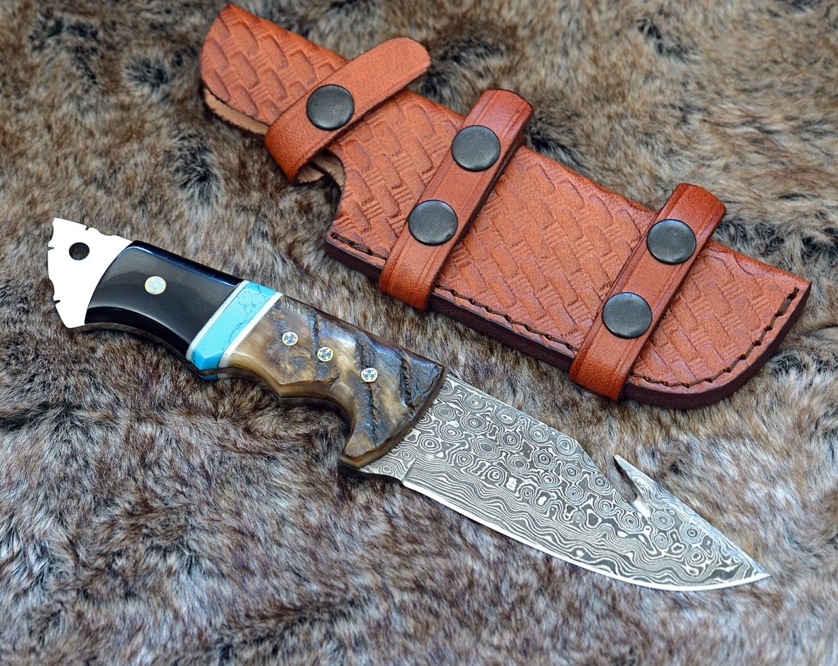 Premium Damascus Steel Gut Hook Knife with Ram Horn & Turquoise Handle - Hunting, Camping & Outdoor Survival Essential