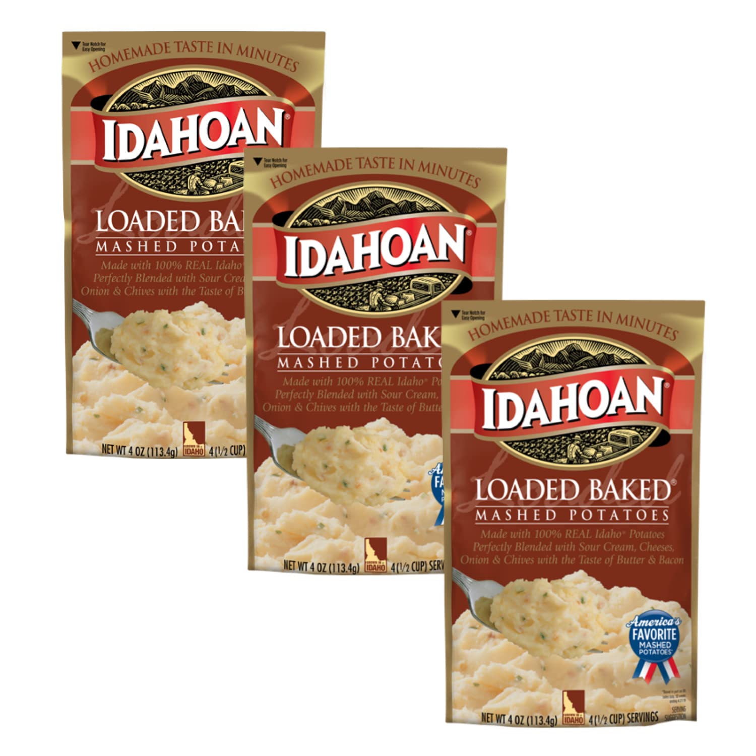 Idahoan Loaded Baked Mashed Potatoes - 3 Pack (4oz Each) | Buttery, Cheesy Instant Potatoes | Perfect for Family Dinners, Holiday Meals & Quick Side Dishes