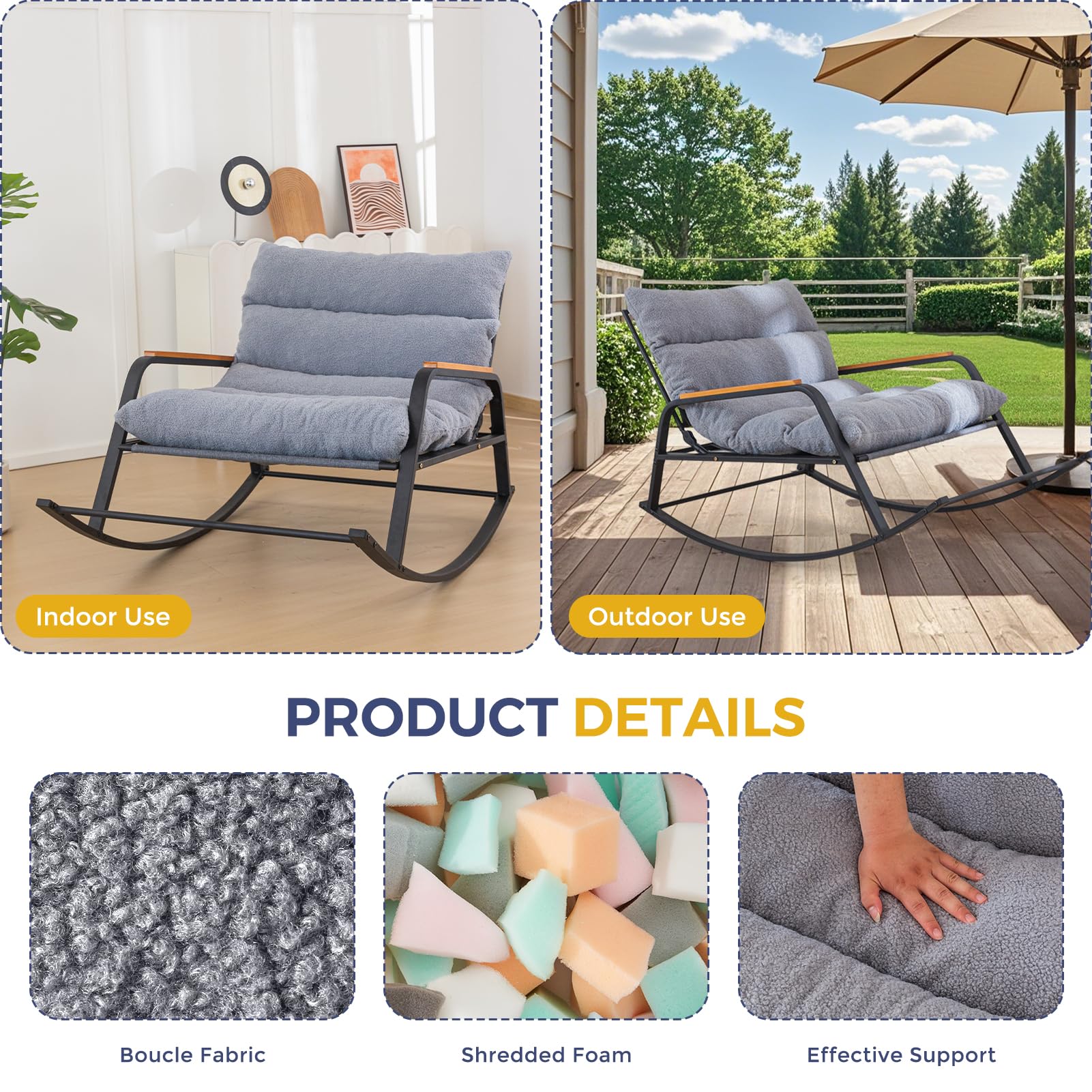 MAXYOYO Boucle Rocking Chair with Adjustable Backrest - Extra Wide Glider Recliner for Living Room, Nursery & Outdoor Use - Soft Grey Fabric - Perfect for Nursing, Relaxing & Reading (Grey)