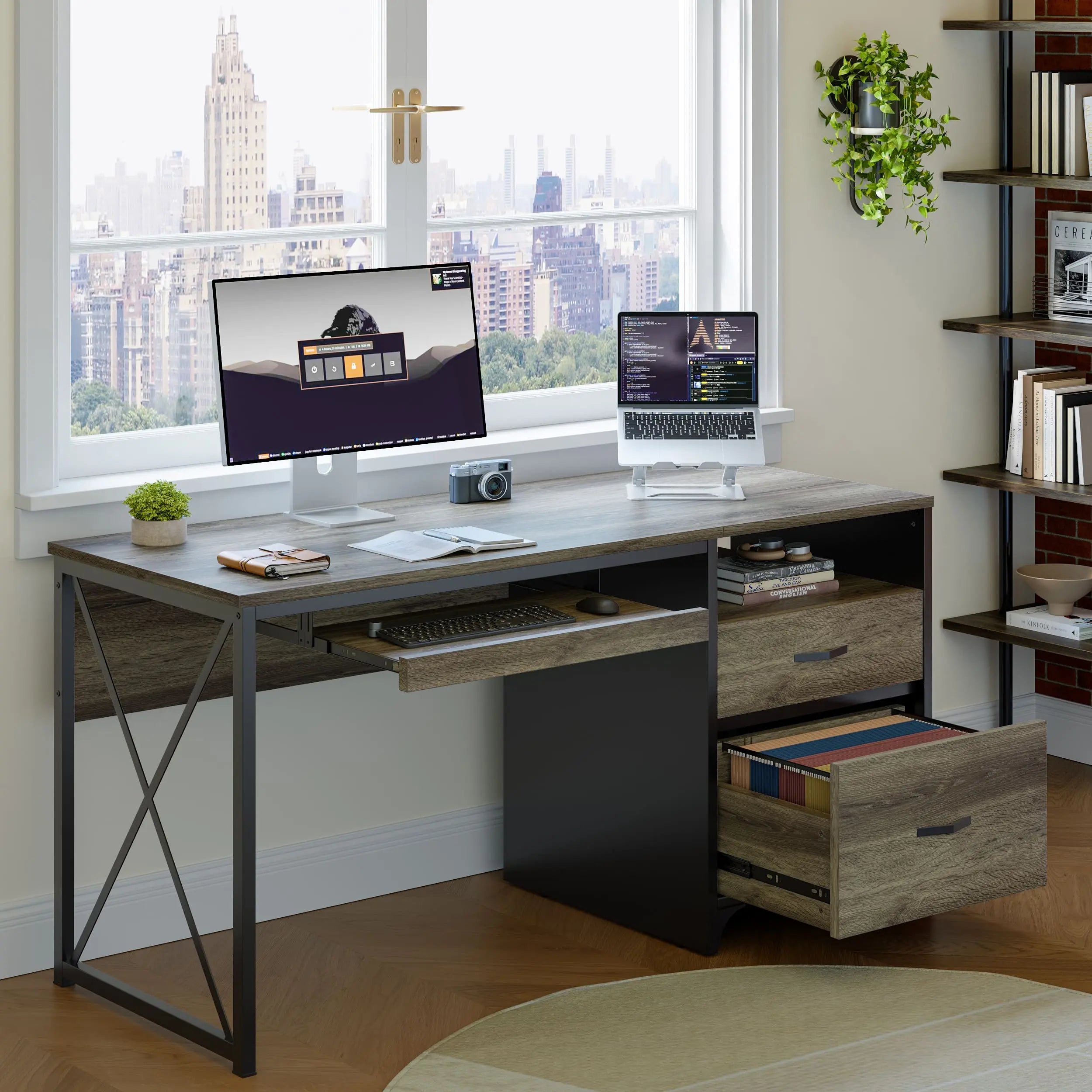 Bestier 55 Inch Industrial Office Computer Desk with Storage Shelf - Modern L-Shaped Writing Desk for Home Office, Gaming & Study - Sturdy Metal Frame Workstation with Drawers & Open Storage Space