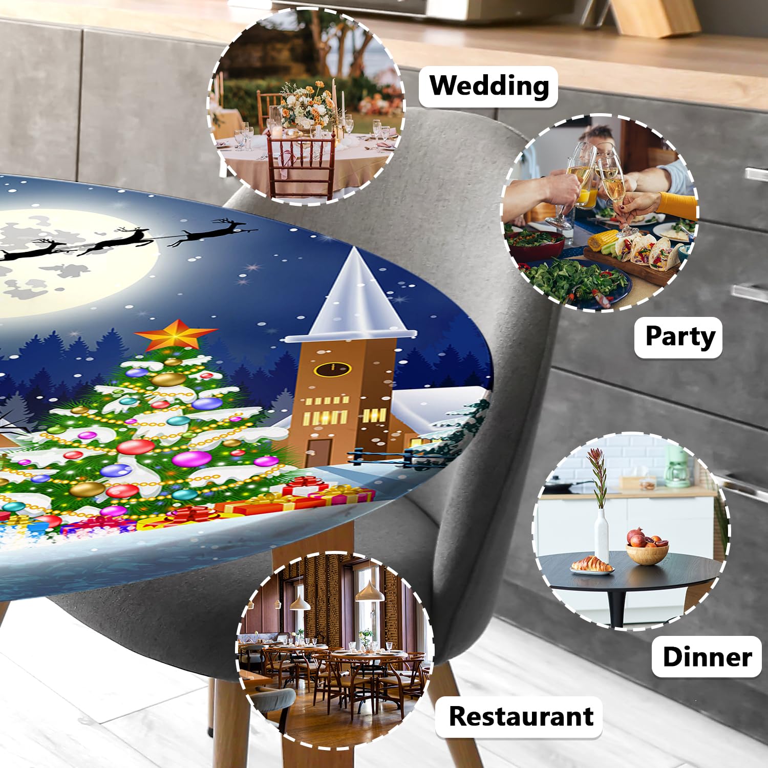**Waterproof Elastic Round Fitted Tablecloth - 45''-52'' Reusable Vinyl Table Cover for Indoor & Outdoor Use (Christmas, Parties, Picnics, BBQs, Dining Decor)**
