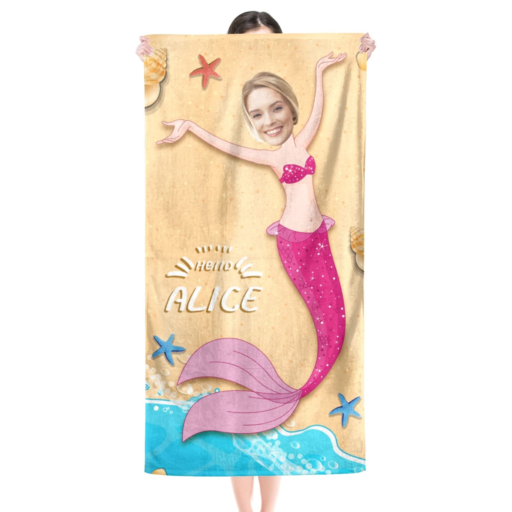 Customized Mermaid Photo Beach Towel - Personalized Funny Beach Towel for Women & Girls, Soft & Absorbent Quick-Dry Fabric - Perfect for Pool, Beach, Vacation & Summer Fun