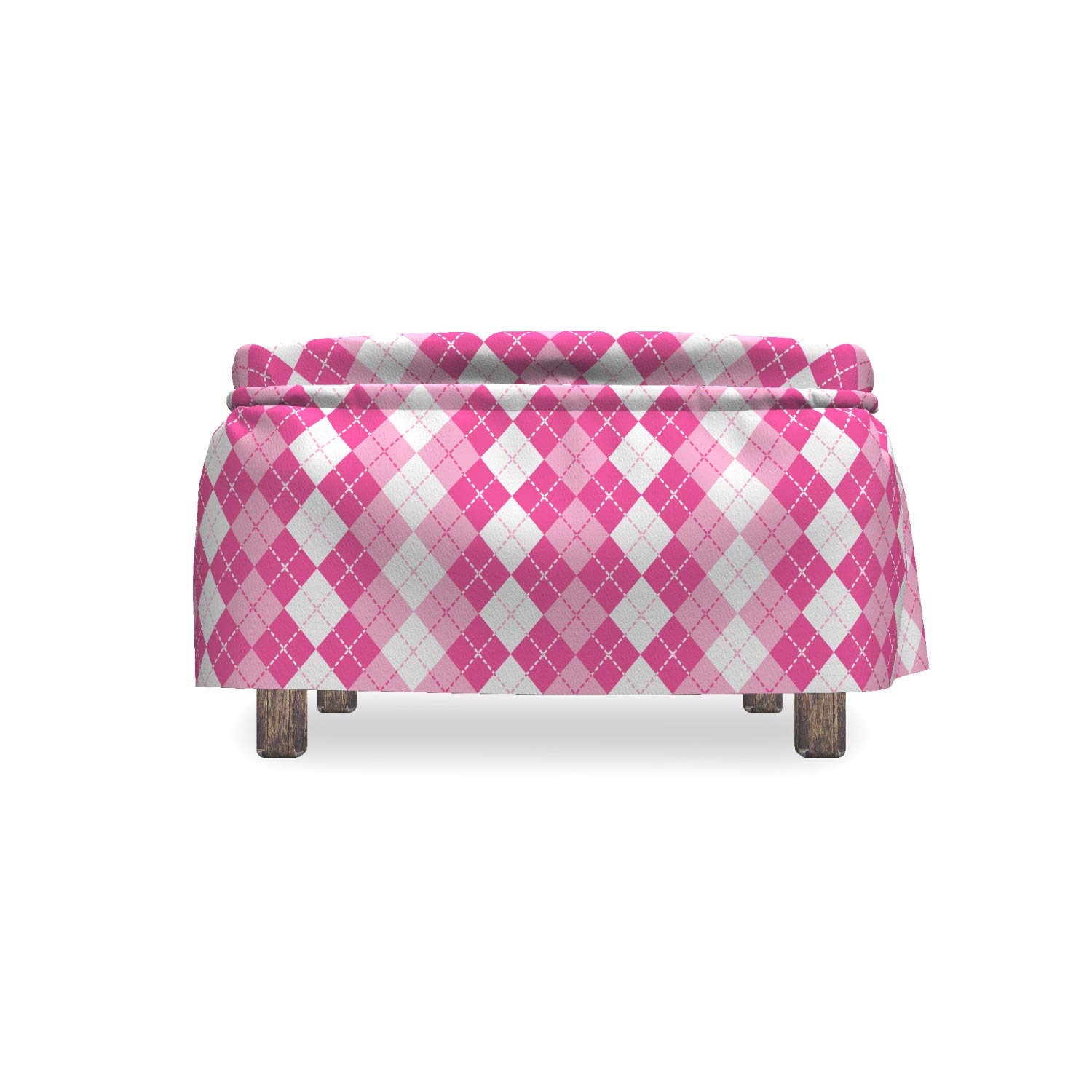 Ambesonne Pink and White Ottoman Cover Set - 2 Piece Traditional Argyle Slipcover with Ruffle Skirt for Square/Round Footstools - Standard Size Pale Pink & White Home Decor - Perfect for Living Room, Bedroom or Nursery Accent