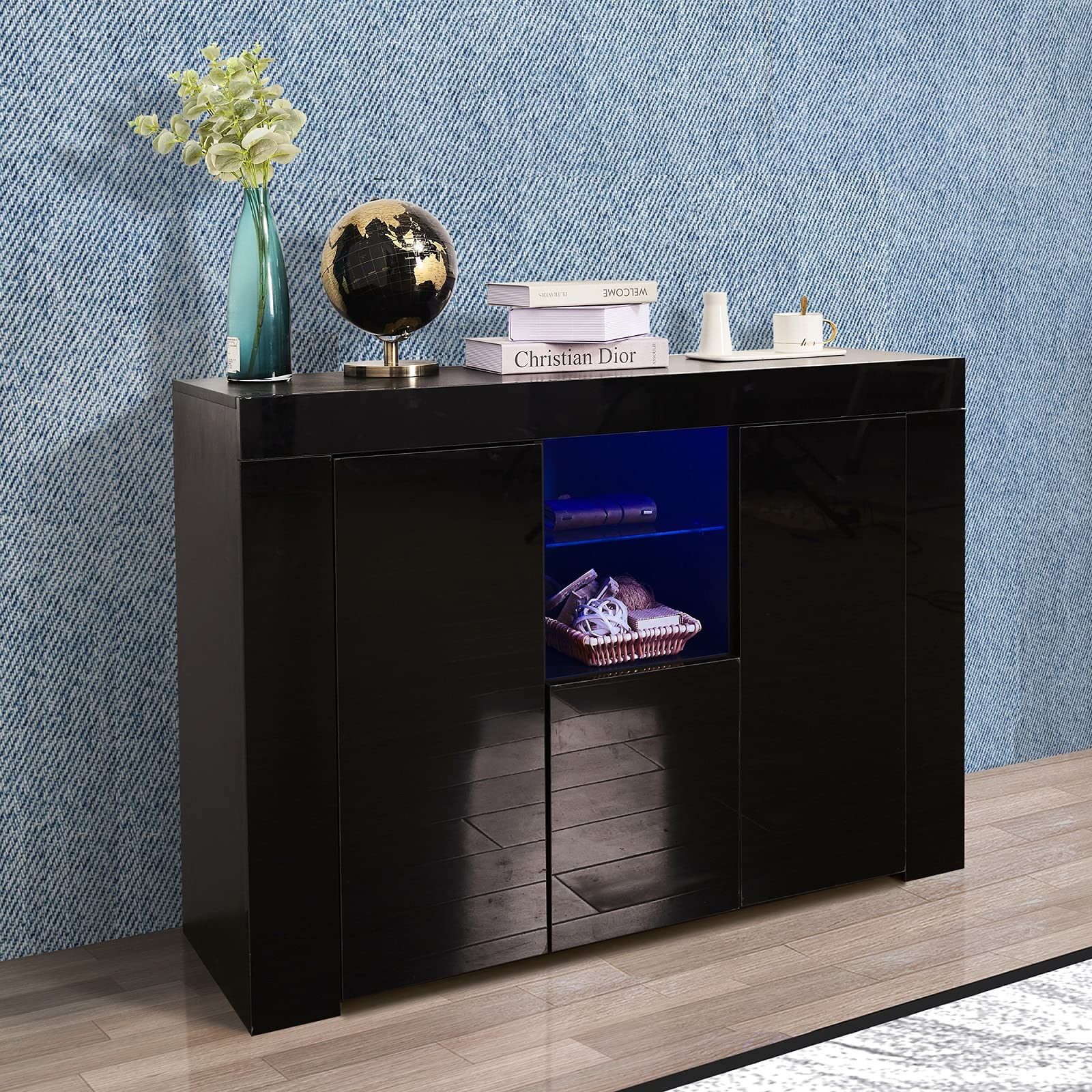 PovKeever Modern Sideboard Cabinet with 16-Color LED Lighting - High Gloss Freestanding Storage Unit with 2 Doors & Open Shelf - Buffet Cabinet for Entryway, Kitchen, Bathroom, Living Room - Perfect for Home Decor & Organization (Black)