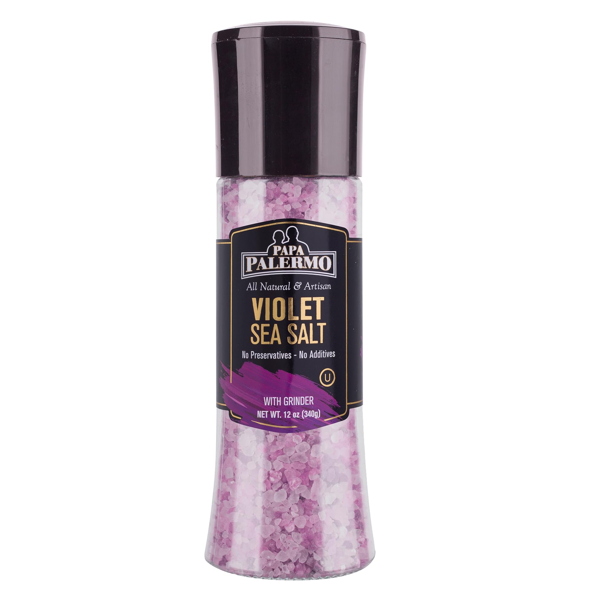 Papa Palermo Natural Grape Infused Violet Sea Salt with Grinder - Kosher Certified, No Additives, 11.3oz - Perfect for Gourmet Cooking, Salad Seasoning & Gift Giving