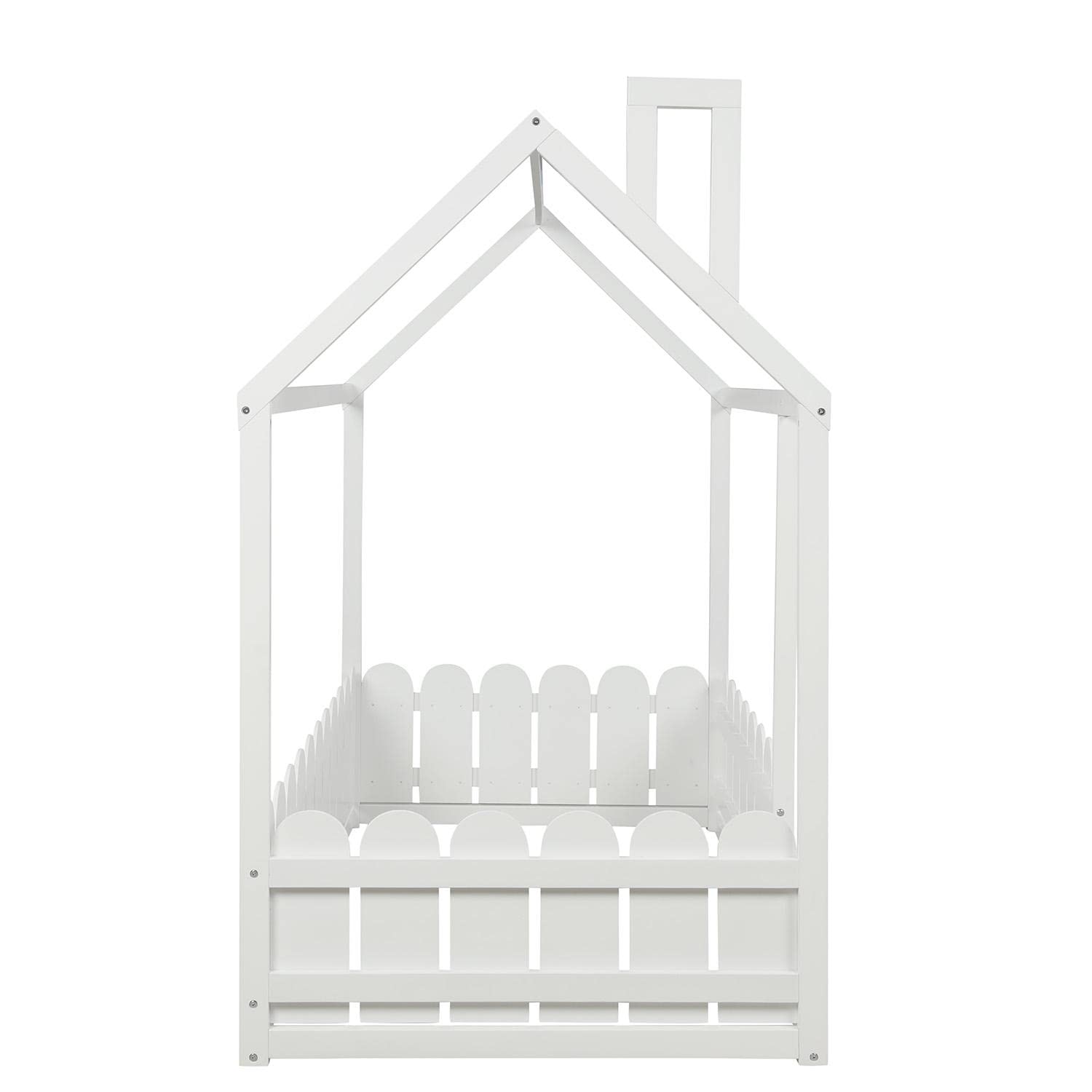Twin Size House Bed Frame with Roof & Fence for Kids - White Wooden Canopy Bed (78.7