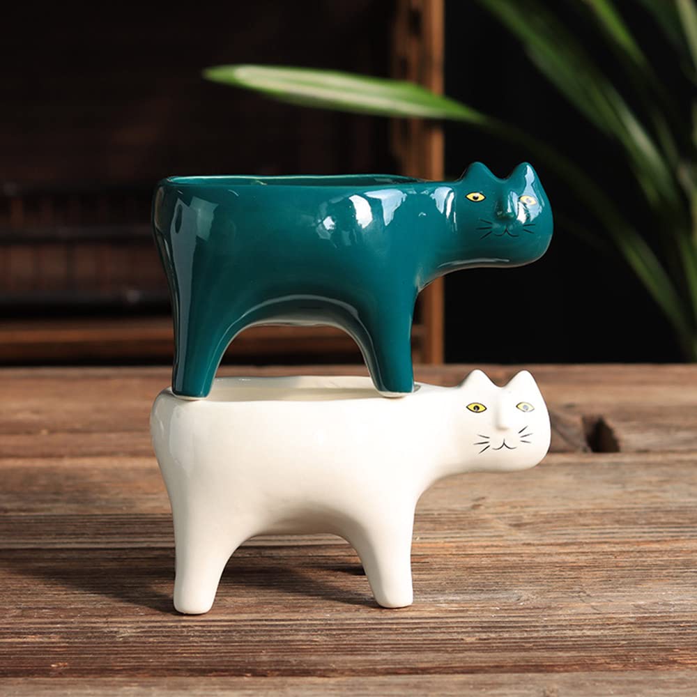 123Arts Ceramic Cat Planter - Cute Succulent & Flower Pot with Drainage Hole - Perfect for Home Decor, Office Desk, Garden & Gift Giving