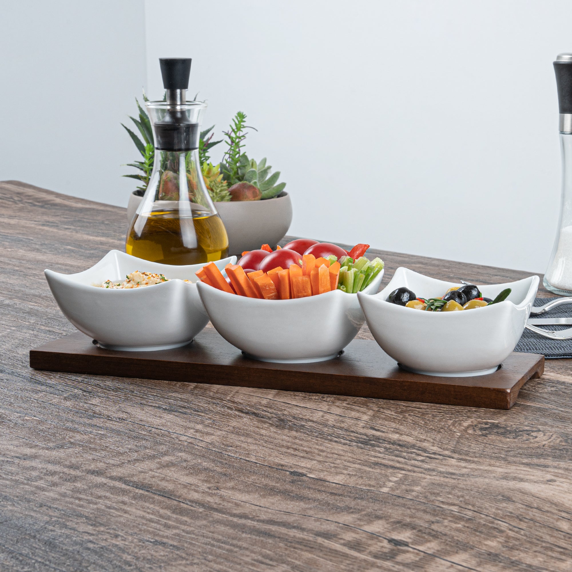 15 oz White Porcelain Cocktail Bowl Set with Bamboo Tray - 3 Rectangle Bowls (12x4x2.5 Inches) for Appetizers, Sushi & Party Snacks - Premium Dinnerware for Home & Restaurant Use