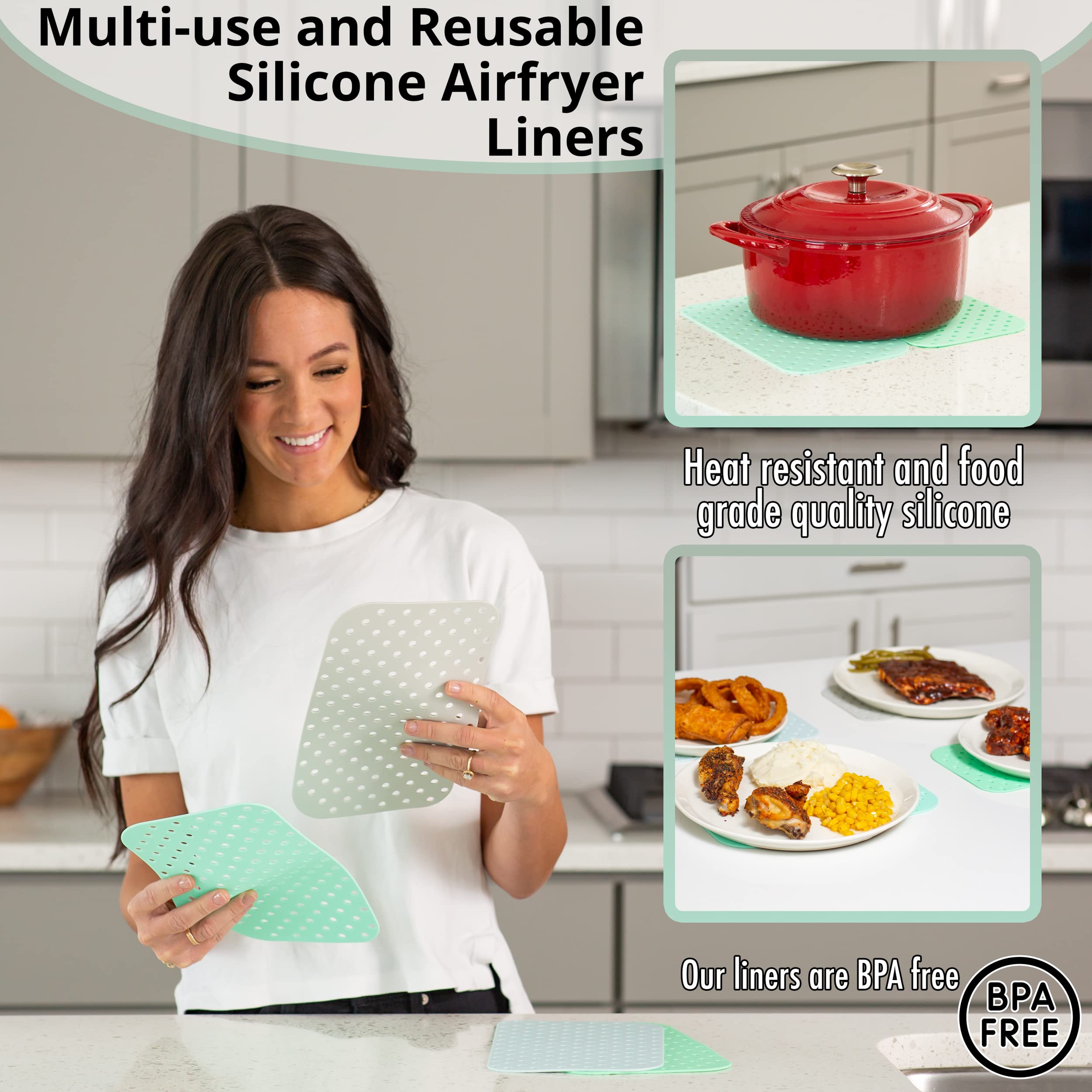 **Cee & Dee Reusable Silicone Air Fryer Liners - 10.2x5.7in Rectangle Non-Stick Baking Mats for Power XL Dual Basket 10 qt & Other Air Fryers (4-Pack) - Perfect for Healthy Cooking, Easy Cleanup & Crispy Results**