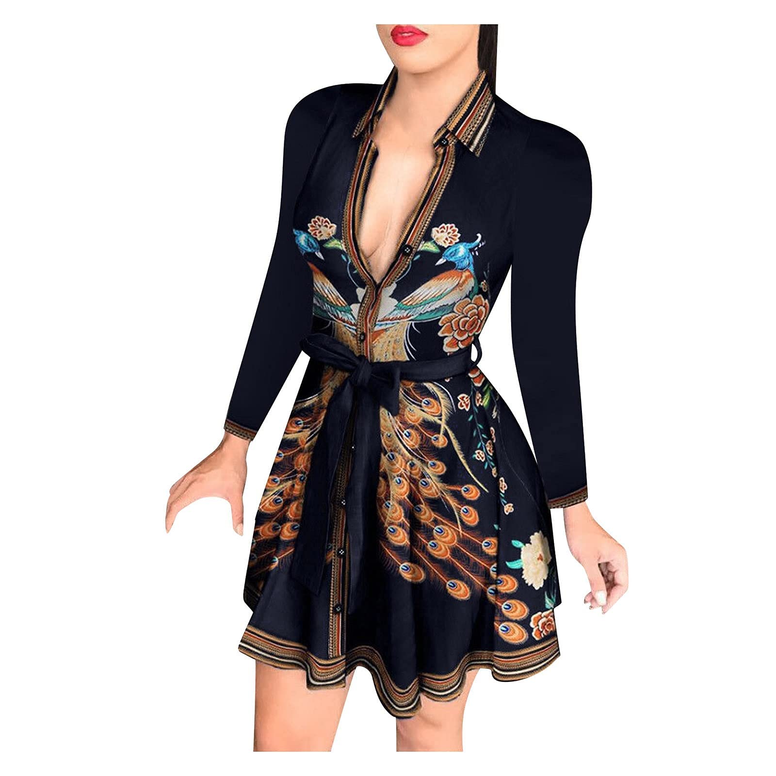 **Cottagecore Floral Print Plus Size Mini Dress for Women - Long Sleeve Tie Waist Casual Loose T-Shirt Dress - Perfect for Picnics, Dates & Boho Fashion**