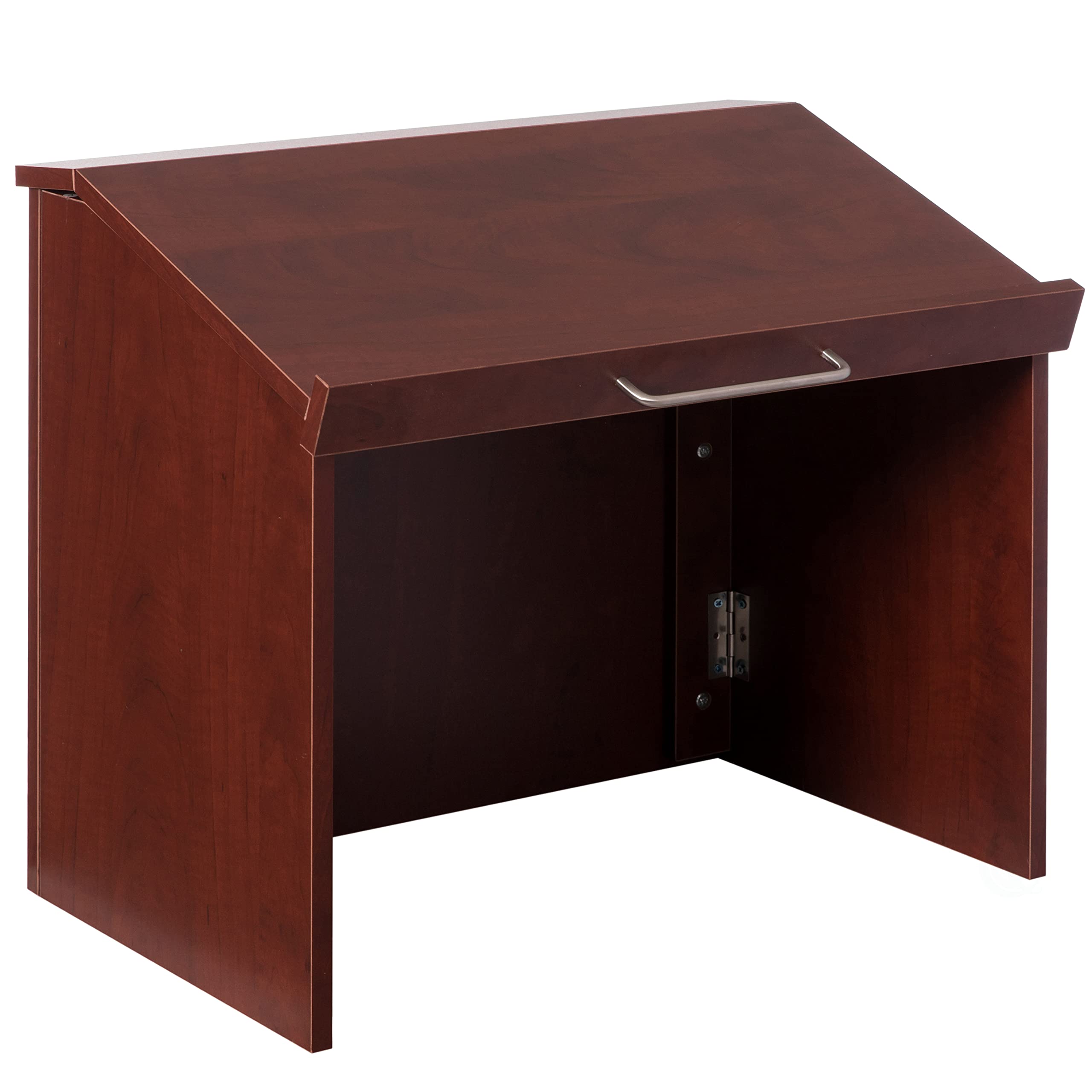 Basicwise Foldable Tabletop Portable Podium Stand - Lightweight & Adjustable for Church Sermons, School Presentations, Office Meetings & Home Use - Cherry Wood Finish - Perfect for Lecterns, Public Speaking & Event Hosting