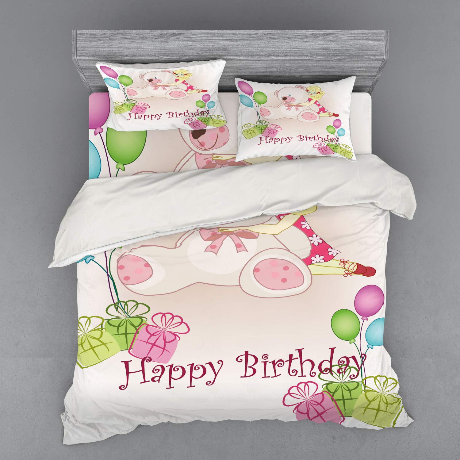 Ambesonne Birthday Party Duvet Cover Set - Colorful Teddy Bears, Balloons & Dolls Cartoon Print 3-Piece Bedding Set with Sham & Fitted Sheet, King Size Pale Pink | Fun Kids Room Decor & Themed Birthday Sleepover Essentials