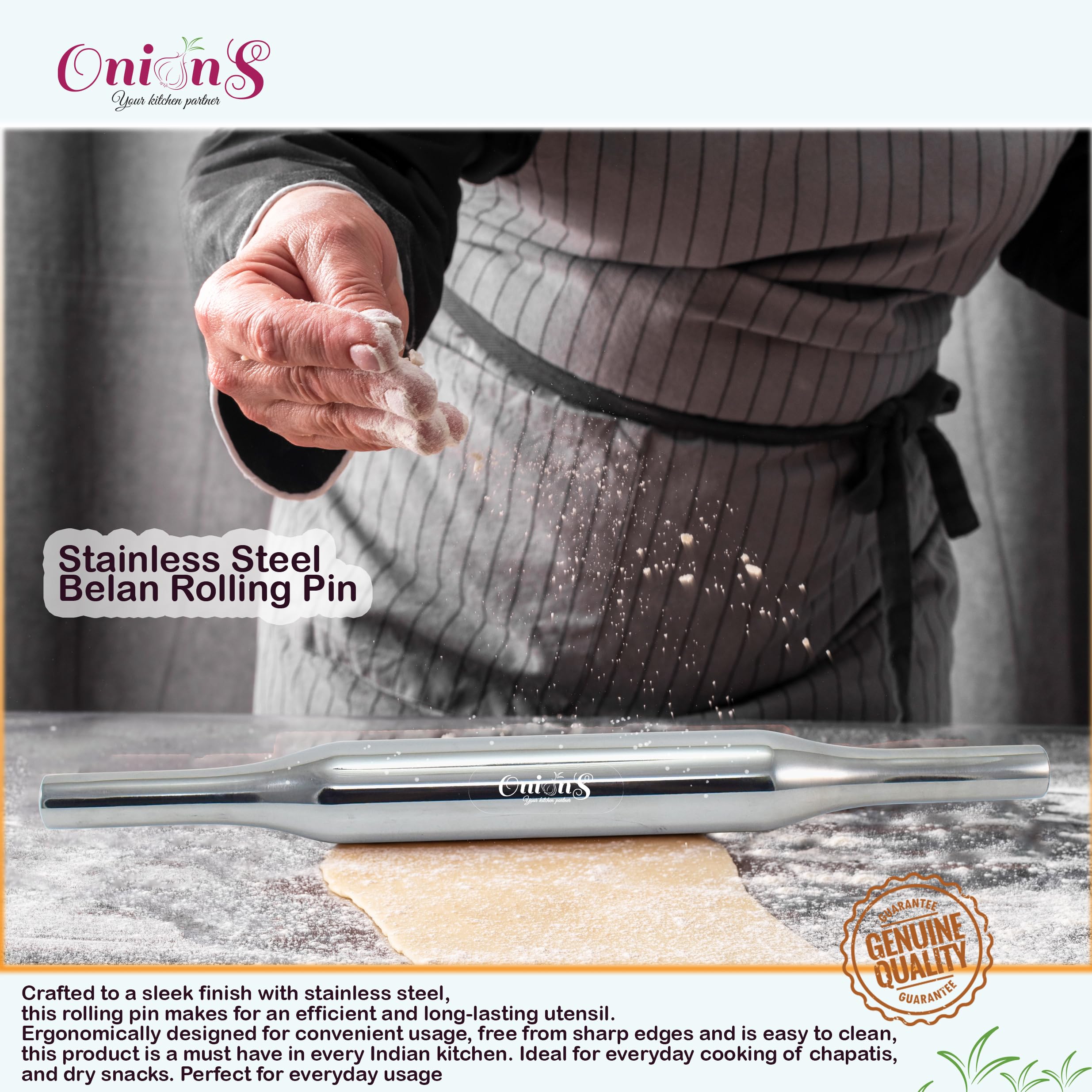 Premium Stainless Steel Belan Rolling Pin for Roti & Chapati - Heavy Duty Kitchen Dough Roller for Indian Cooking, Baking & Pastry Making | Ideal for Roti, Paratha, Puri & Flatbread Preparation