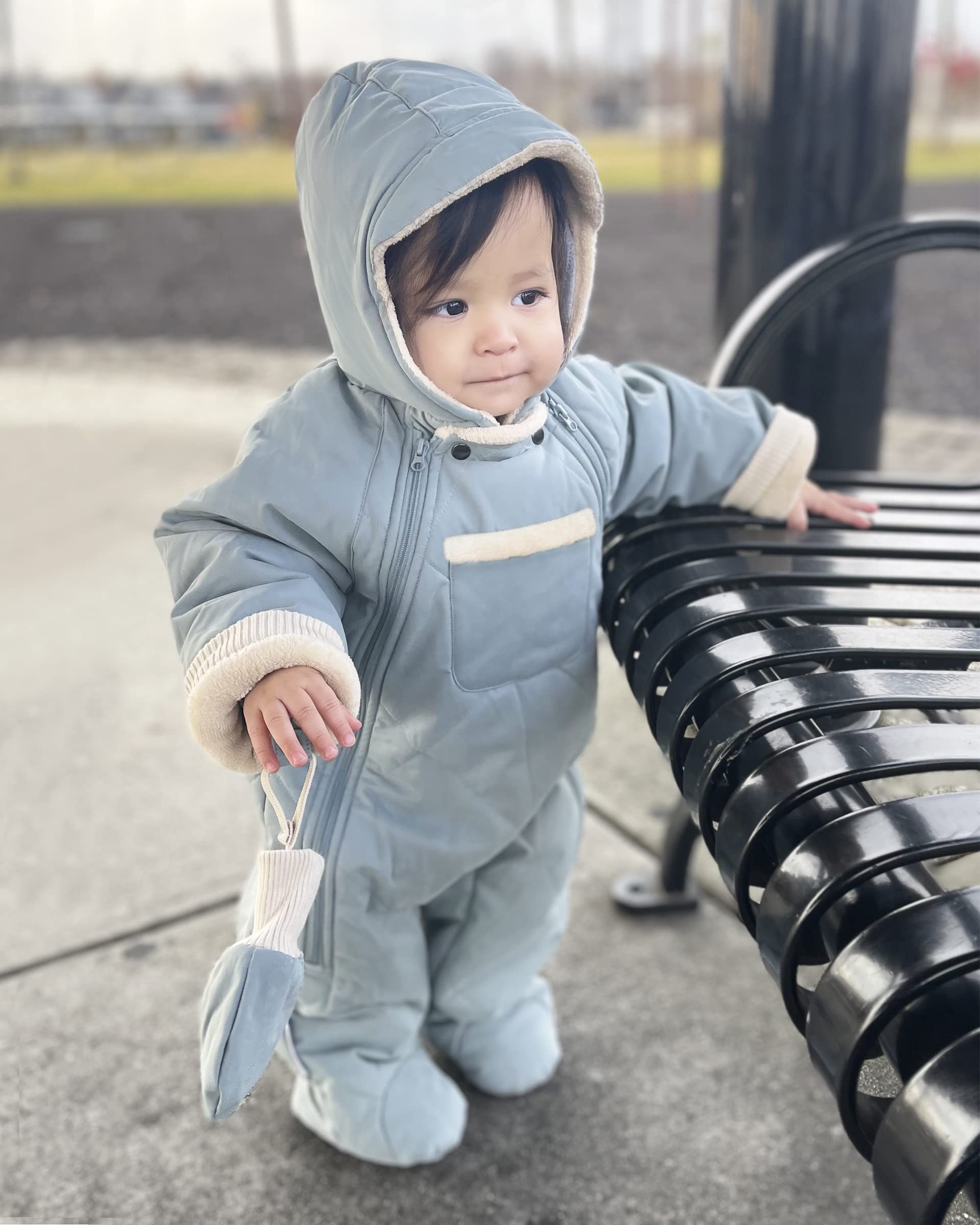 7AM Enfant Baby Jumpsuit Coat - Warm Winter Snowsuit with Hood & Gloves | Water Repellent Zippered Down Jumpsuit for Infants | Perfect for Outdoor Play, Snow Days & Cold Weather Protection