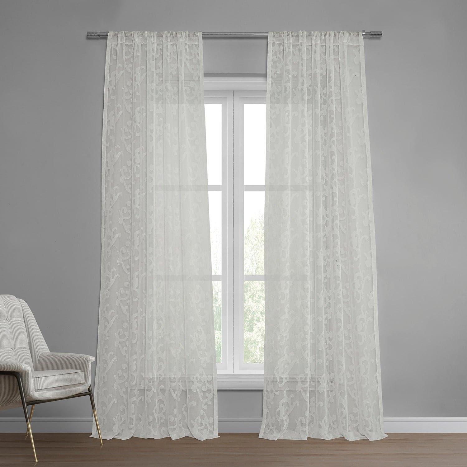 Paris Scroll Floral Pattern Semi-Sheer Faux Linen Curtains - Elegant Window Treatment for Living Room, Bedroom & Dining Room Decor
