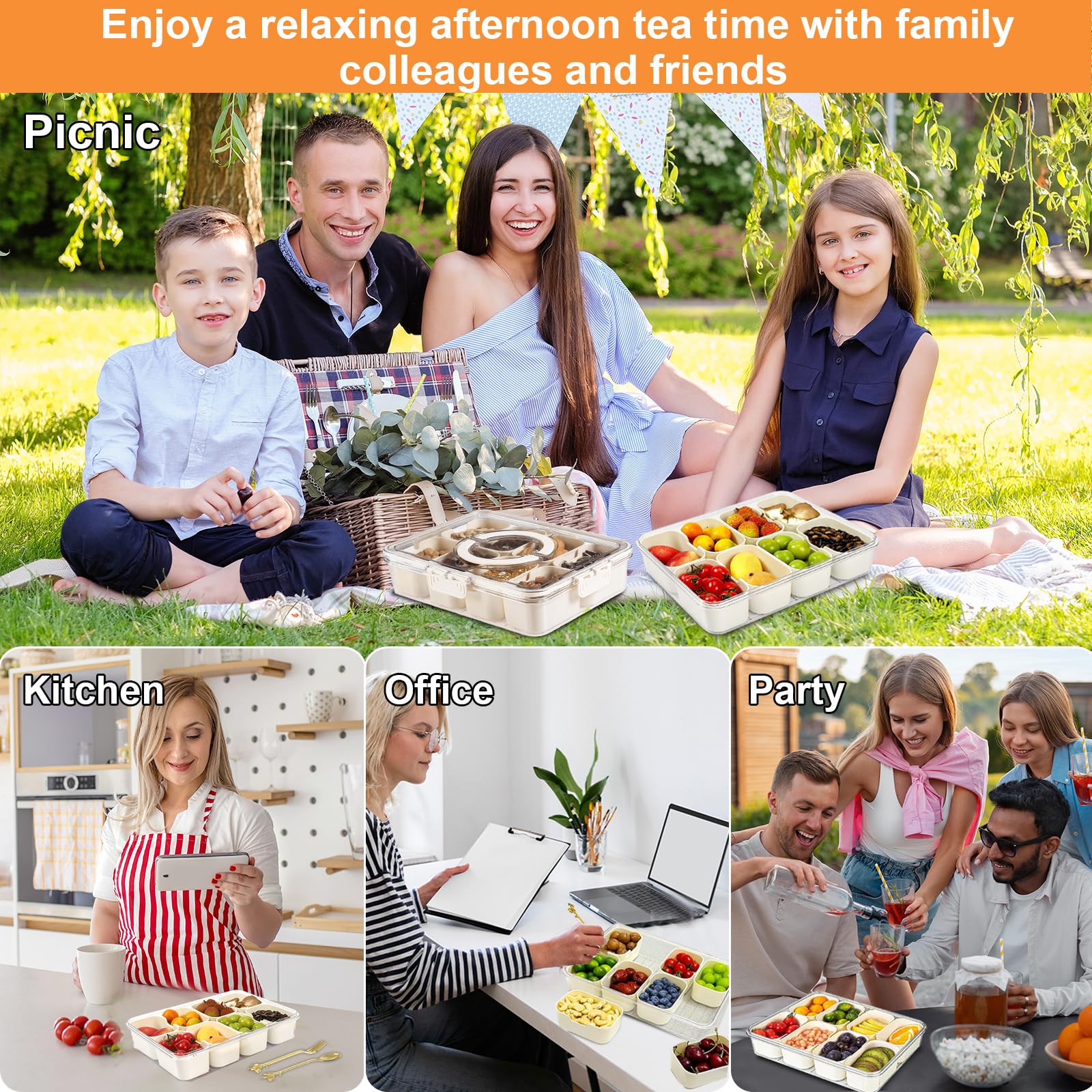 2-Pack Snackle Box with Lid - Divided Snack Organizer for Candy, Fruits, Nuts, Spices & Vegetables - Perfect for Parties, Picnics, Travel & Office Lunch - BPA-Free Plastic Serving Tray for Kids & Adults
