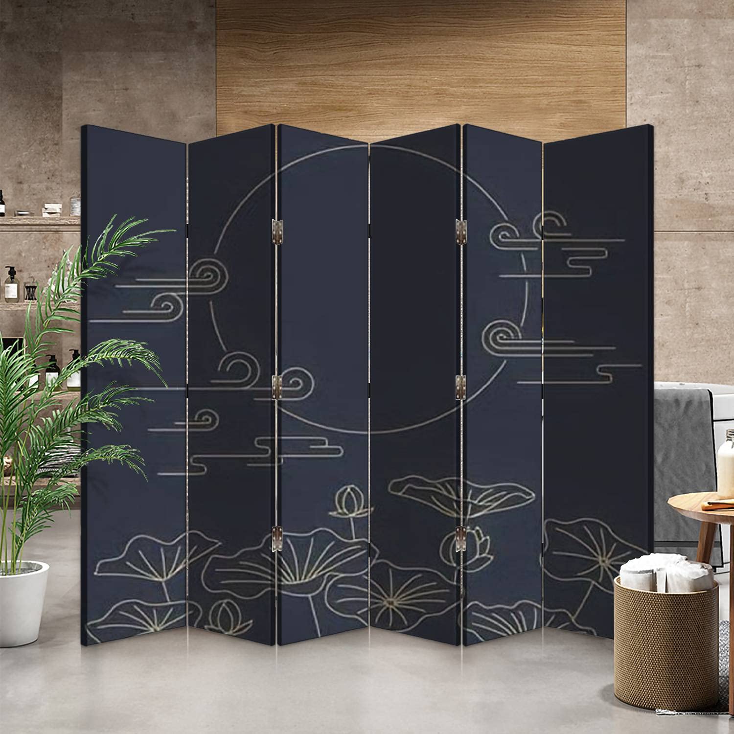 Korean Traditional Moon & Lotus Canvas Room Divider - 6 Panel Folding Privacy Screen for Bedroom, Office & Living Space | Hand-Painted Floral Partition Wall Decor | Home & Studio Space Separator