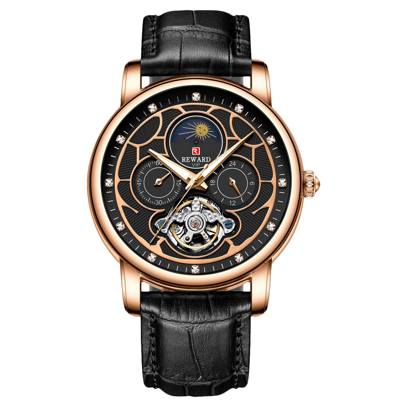 RORIOS Men's Automatic Skeleton Mechanical Watch - Self-Winding Leather Band Dress Watch for Business & Formal Occasions - Perfect for Office, Weddings & Special Events