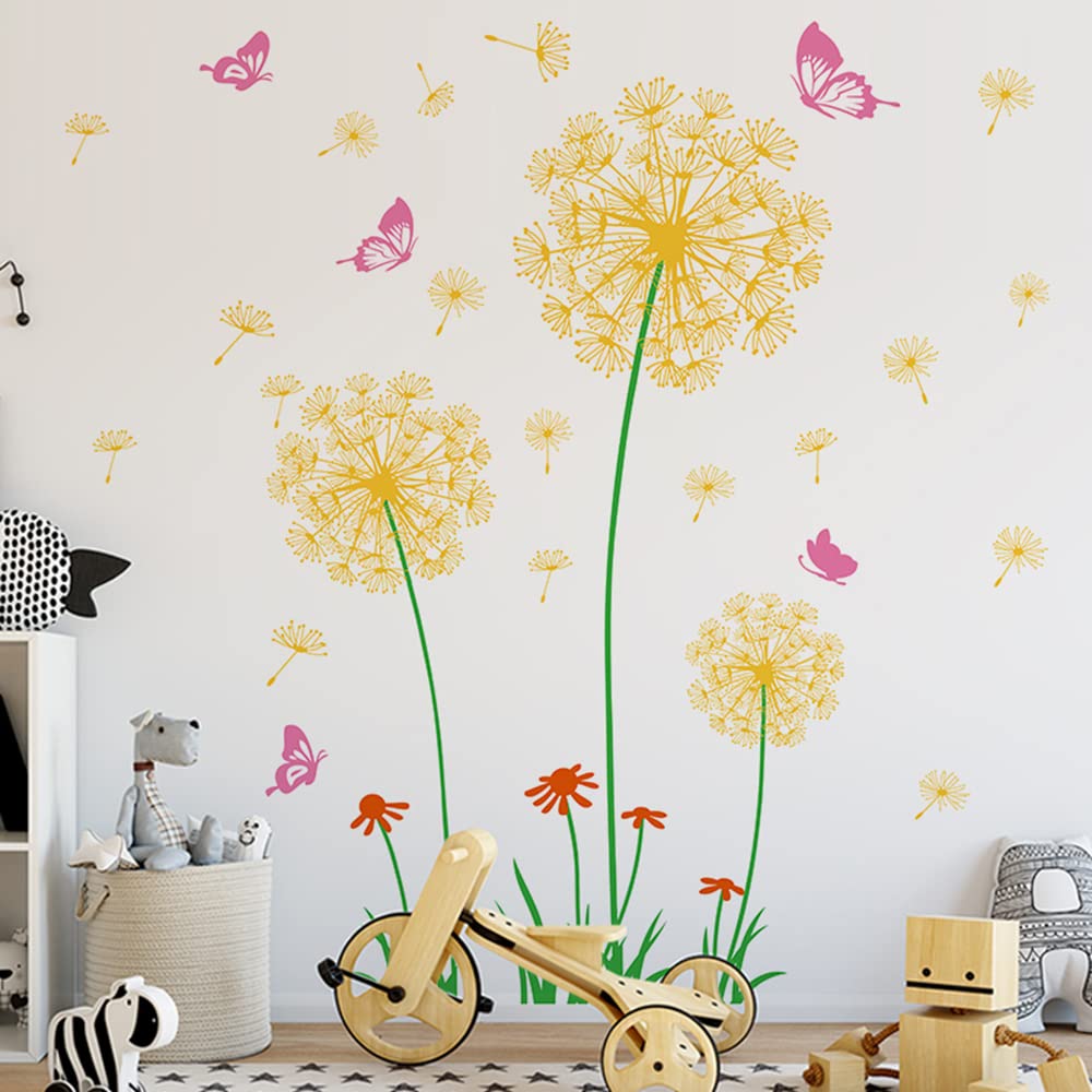 DIY Dandelion & Butterfly Wall Decals - 2 Sets Yellow Floral Stickers for Home Decor (11.81''x35.43'') - Perfect for Living Room, Bedroom, Staircase & Hallway Wall Art