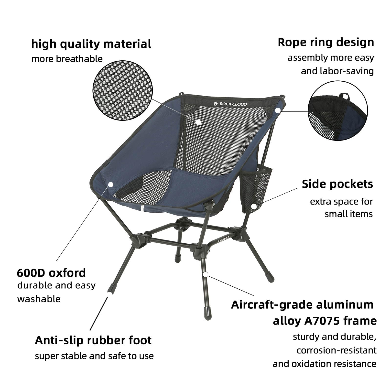 ROCK CLOUD 2 Pack Ultralight Folding Camping Chairs - Portable Outdoor Chairs for Camping, Hiking, Backpacking, Beach, Lawn & Sports (Navy) - Perfect for Picnics, Tailgating and Backyard Relaxation