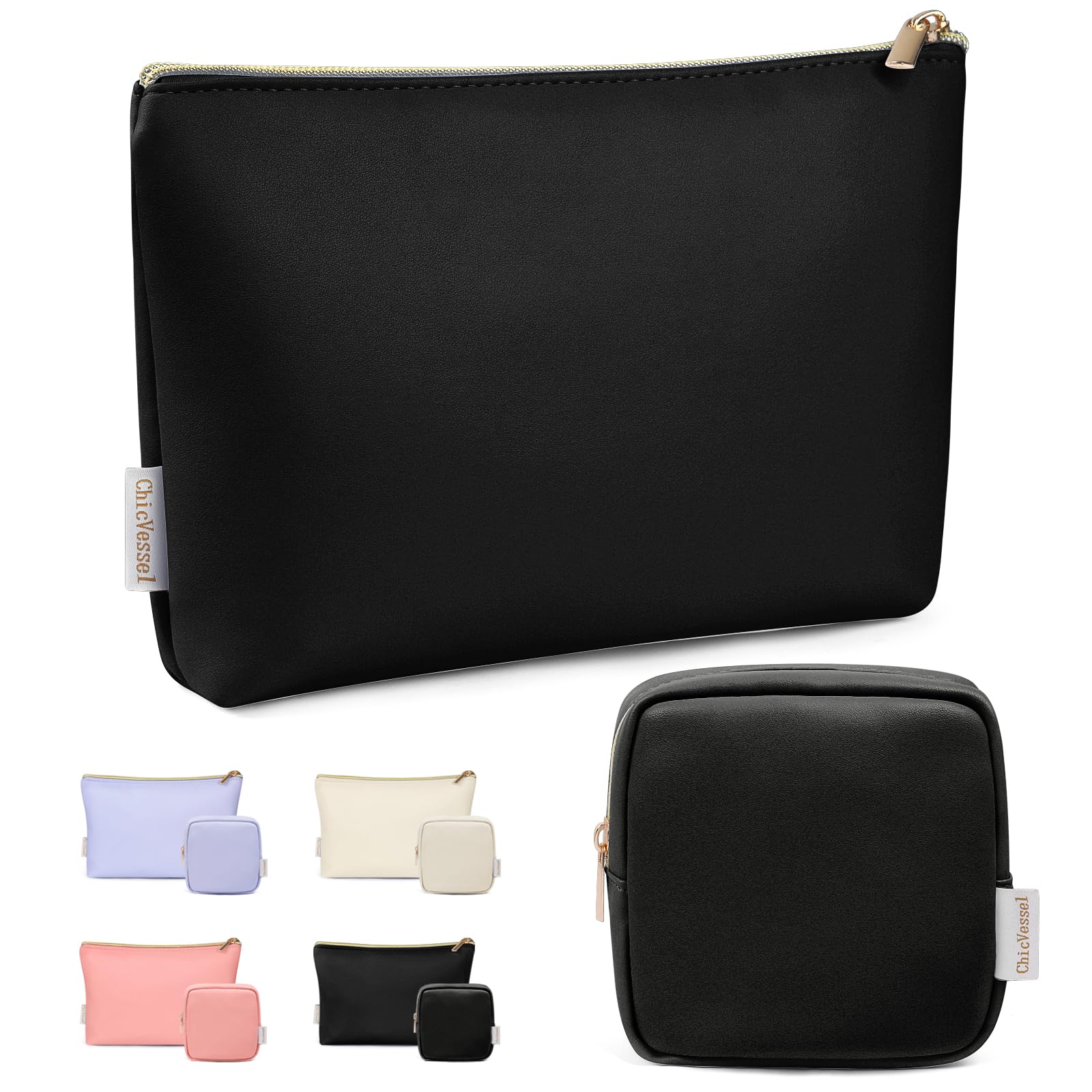 2 Pack Travel Makeup Bag - PU Leather Cosmetic Pouch, Small Portable Organizer for Purse, Toiletry & Makeup Essentials (Black) - Perfect for Travel, Gym & Daily Use