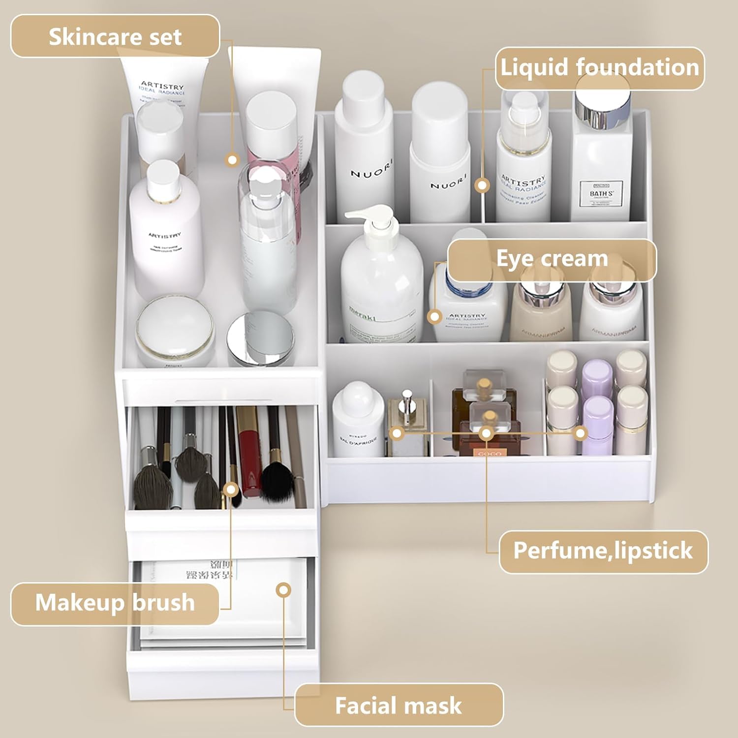 INOVERA 3-Tier Makeup Organizer with Drawers | White Cosmetic Storage Case for Countertop | Vanity Organizer for Lipstick, Brushes & Skincare | Perfect for Bedroom, Bathroom & Dressing Table