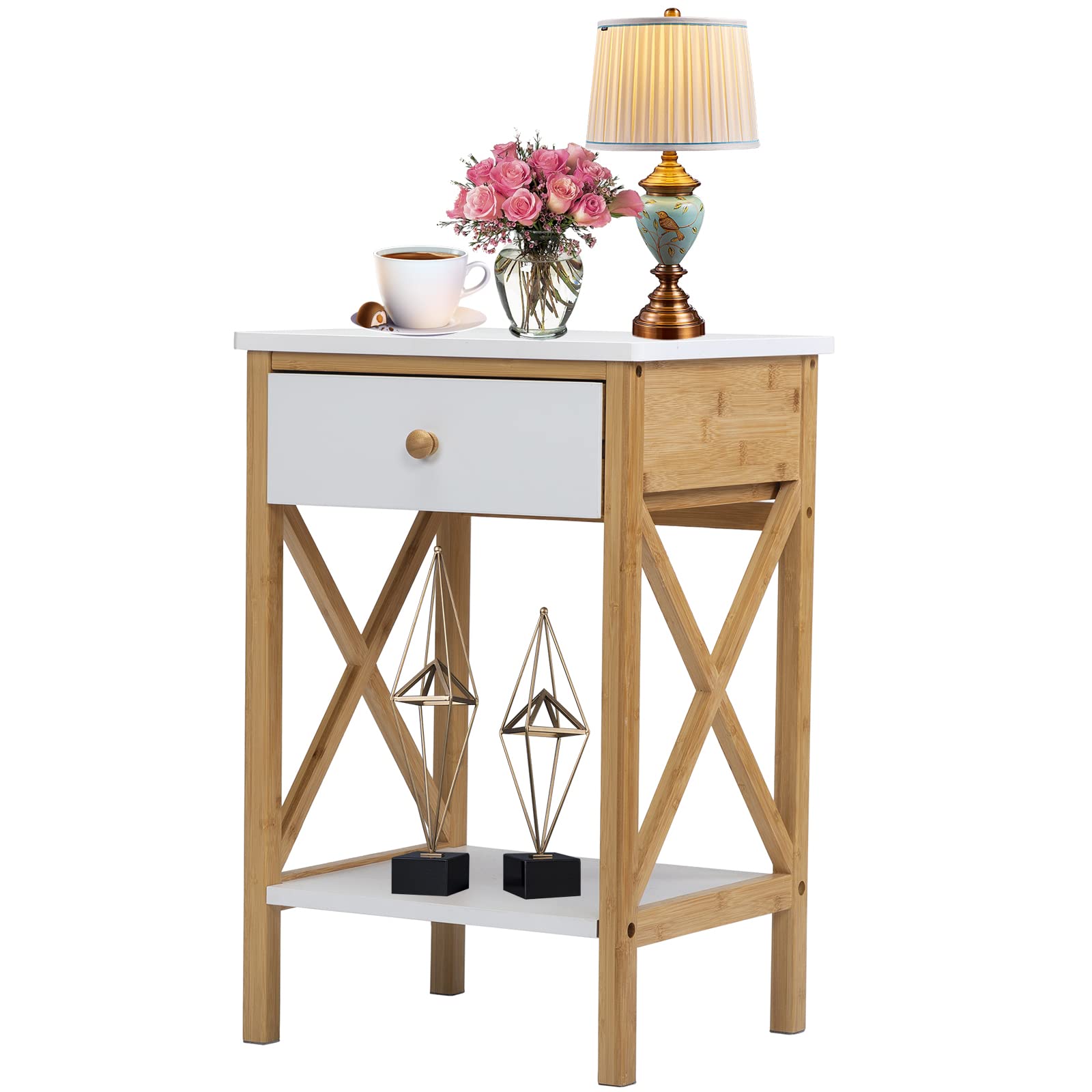 Lalurten White Nightstand - Bamboo Wood End Table with Drawer & Shelf - X-Shape Rustic Side Table for Bedroom, Living Room & Office - Natural Finish - Perfect for Small Spaces & Modern Home Decor